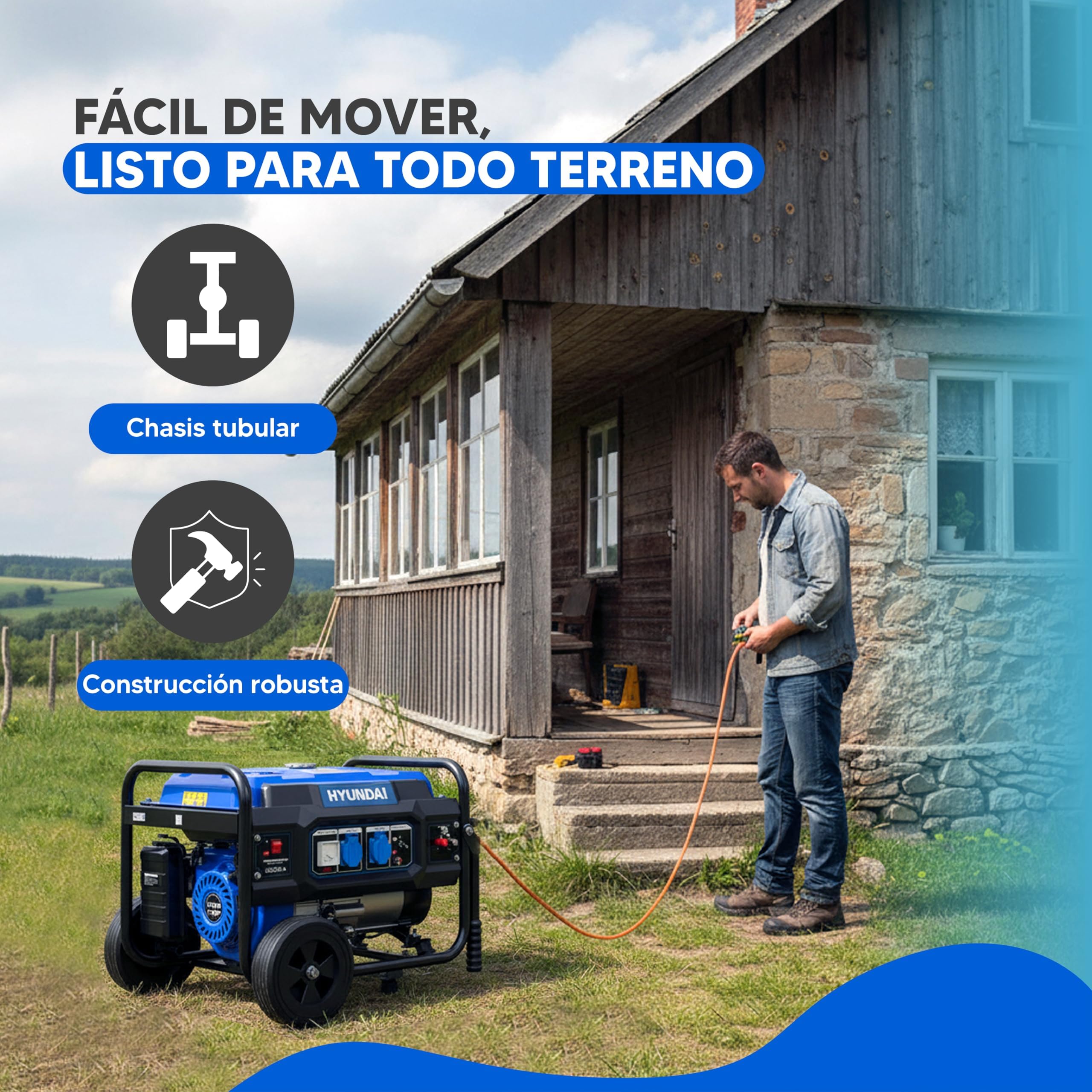 HYUNDAI Grupo Electrógeno a Gasolina 3000W para Obra - Generador Eléctrico con Regulación Electrónica para Energía Estable - Generador Portátil con 15L de Despósito y Autonomía 10h - Estación Energía