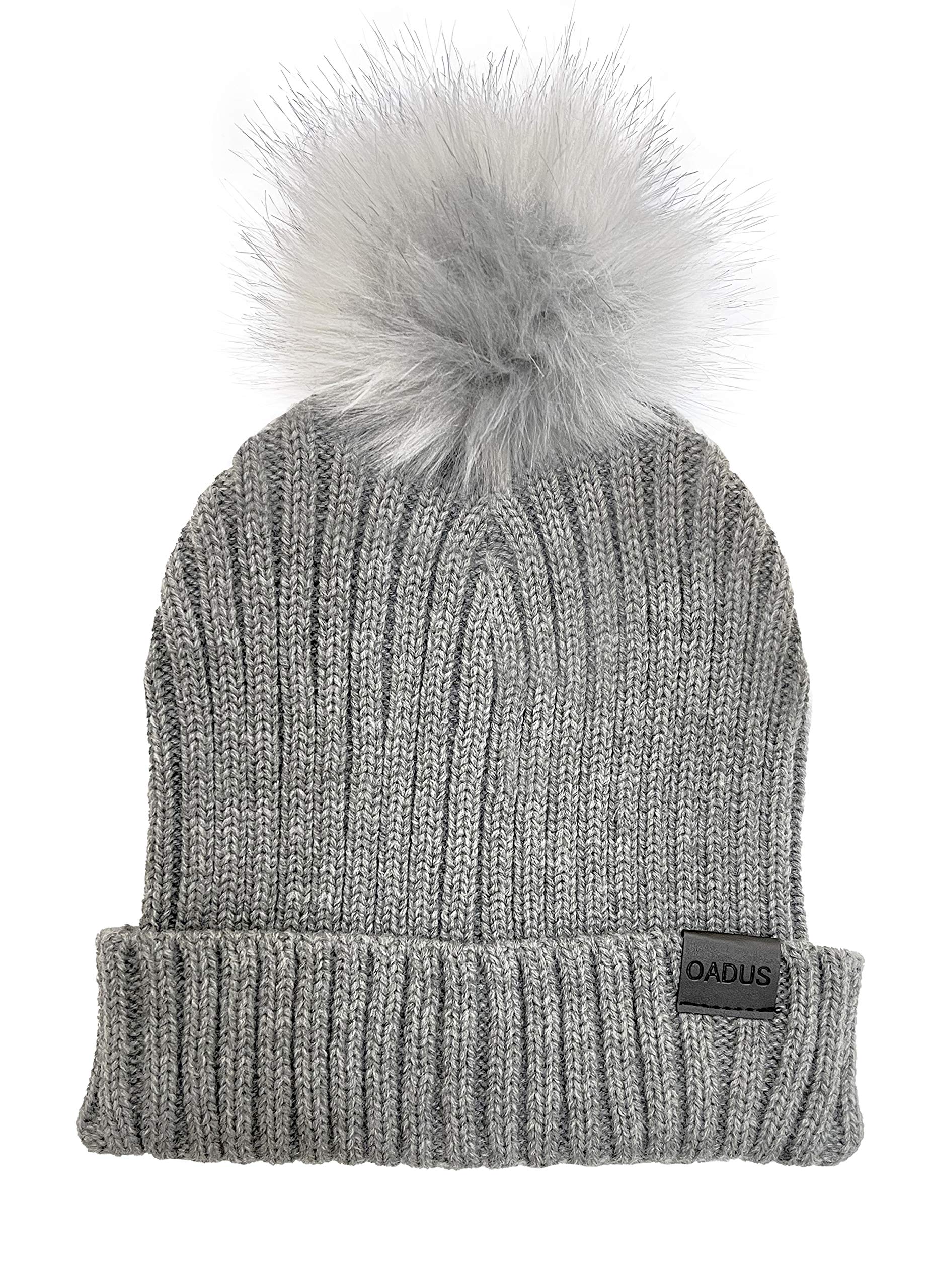 OADUS Women's Slouchy Winter Beanie Hat with Removable Faux Fur Pom, Light Grey/Light Grey Pom