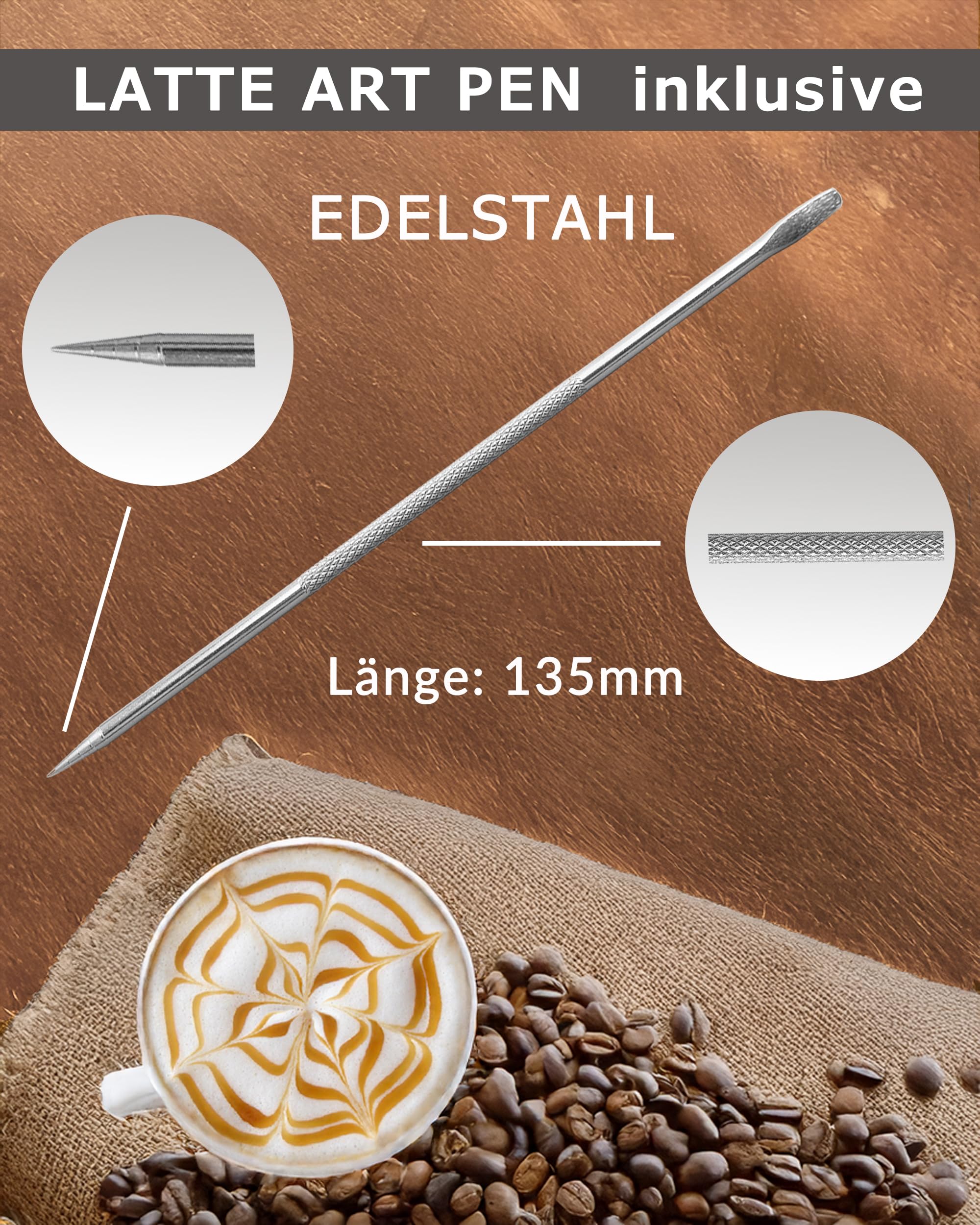 Barista Milchkännchen Edelstahl weiß 600ml (auch 350ml) inkl. Latte Art Stift/Milchschaumkännchen in Geschenkbox