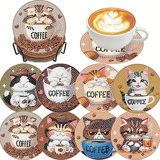8 PCS Diamond Art Coasters - Cat Coffee Diamond Painting Coasters Kits with Holder Cork Pads DIY for Beginners, Adults, Diamonds Art Crafts Supplies