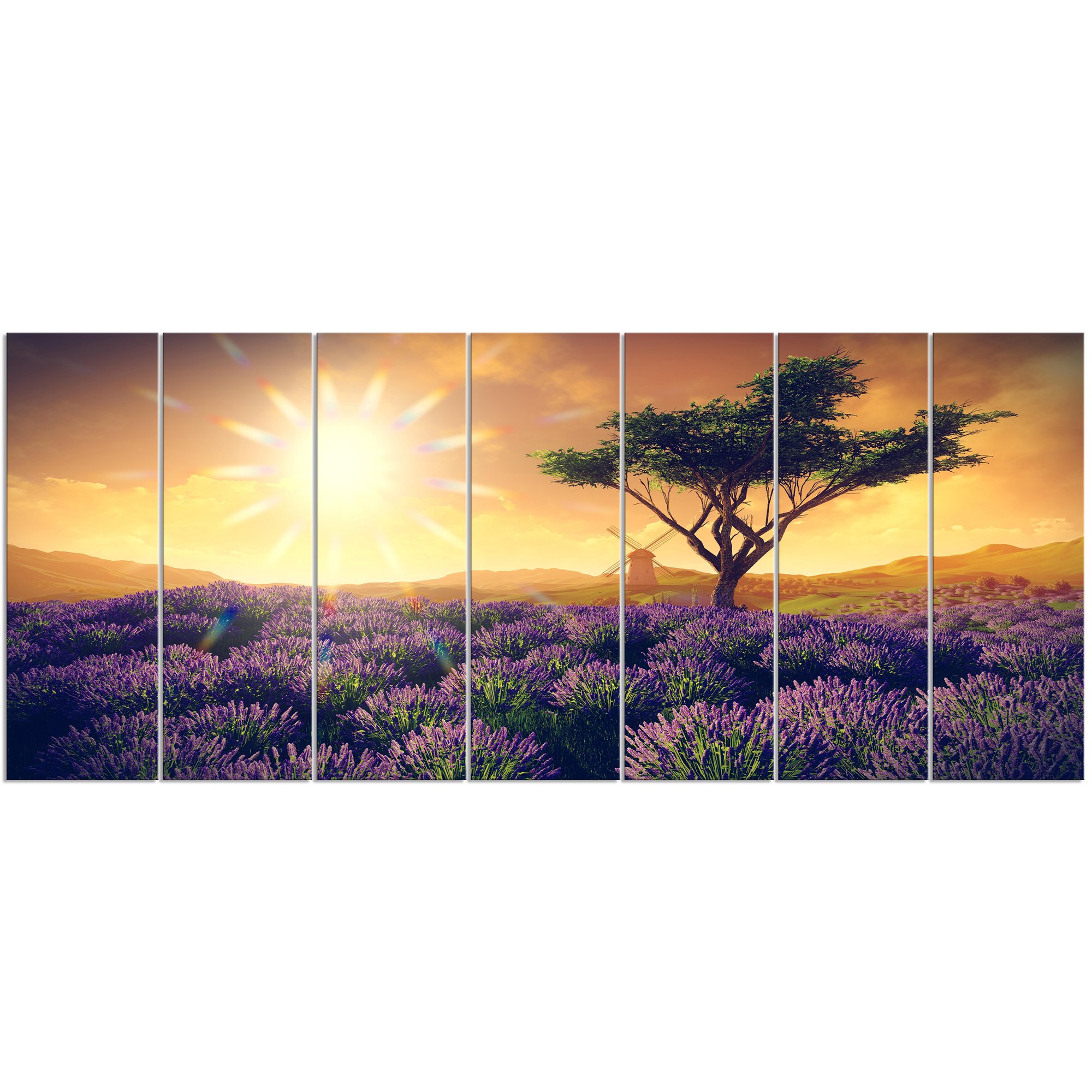 Designart PT12390-83-32-7P Lavender Field with Solitary TreeExtra Large Landscape Canvas Art, 83x32-7 Equal Panels