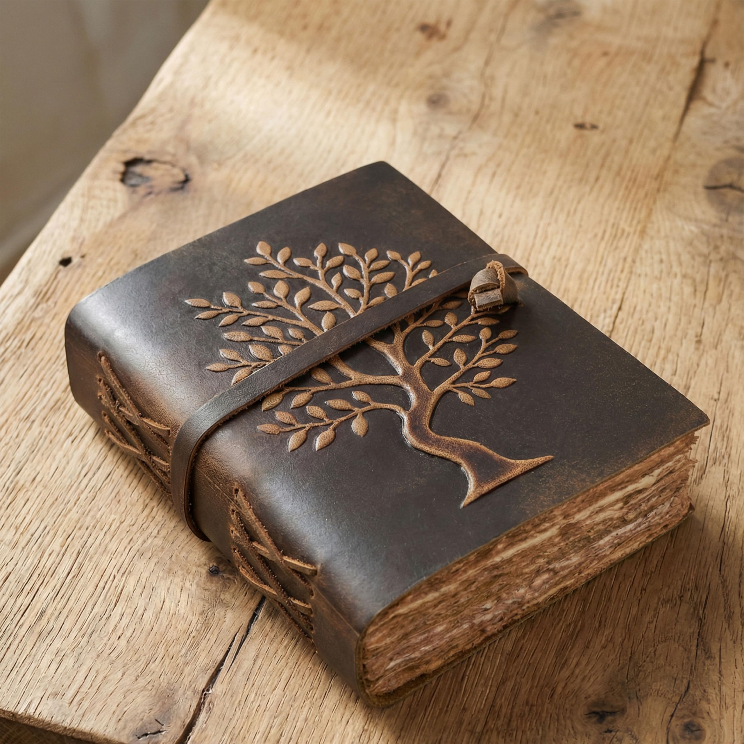 LEATHER VILLAGE Tree of Life Handmade Leather Bound Vintage Journal for Men & Women - 200 Pages Antique Deckle Edge Handmade Paper- Book of Shadow - Distressed Brown - 10 x 7 inches
