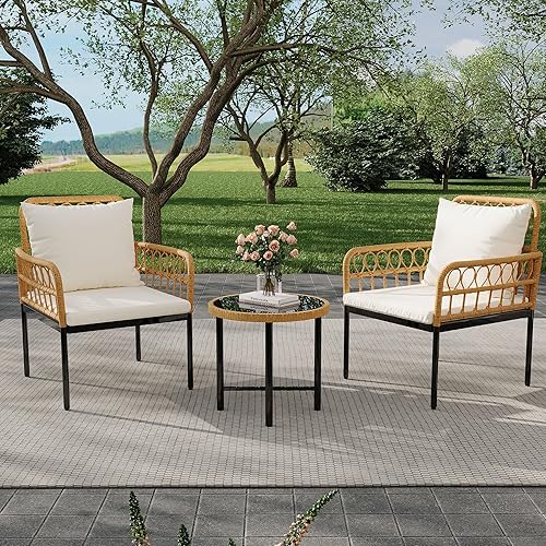 Wicker 3 Pieces Patio Bistro Sets Outdoor Conversation Sets with Glass Top Side Table and 2 Modern Rattan Chairs, Patio Furniture Set for Apartment, Backyard, Porch, Balcony, Lawn （Beige）