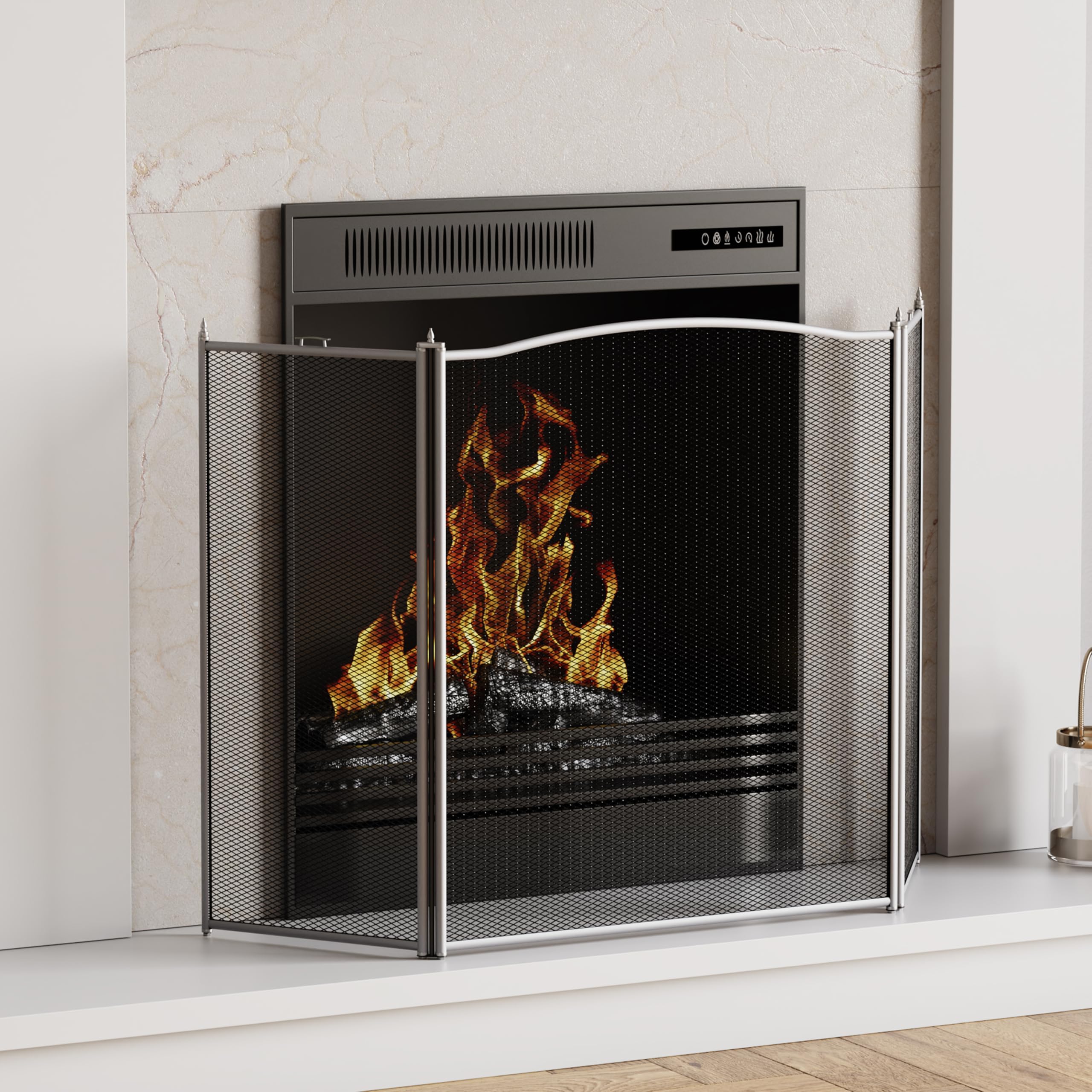 Fire Vida Denton Fire Screen 3 Panel Pewter Guard Cover Spark Shield Protector Fireside