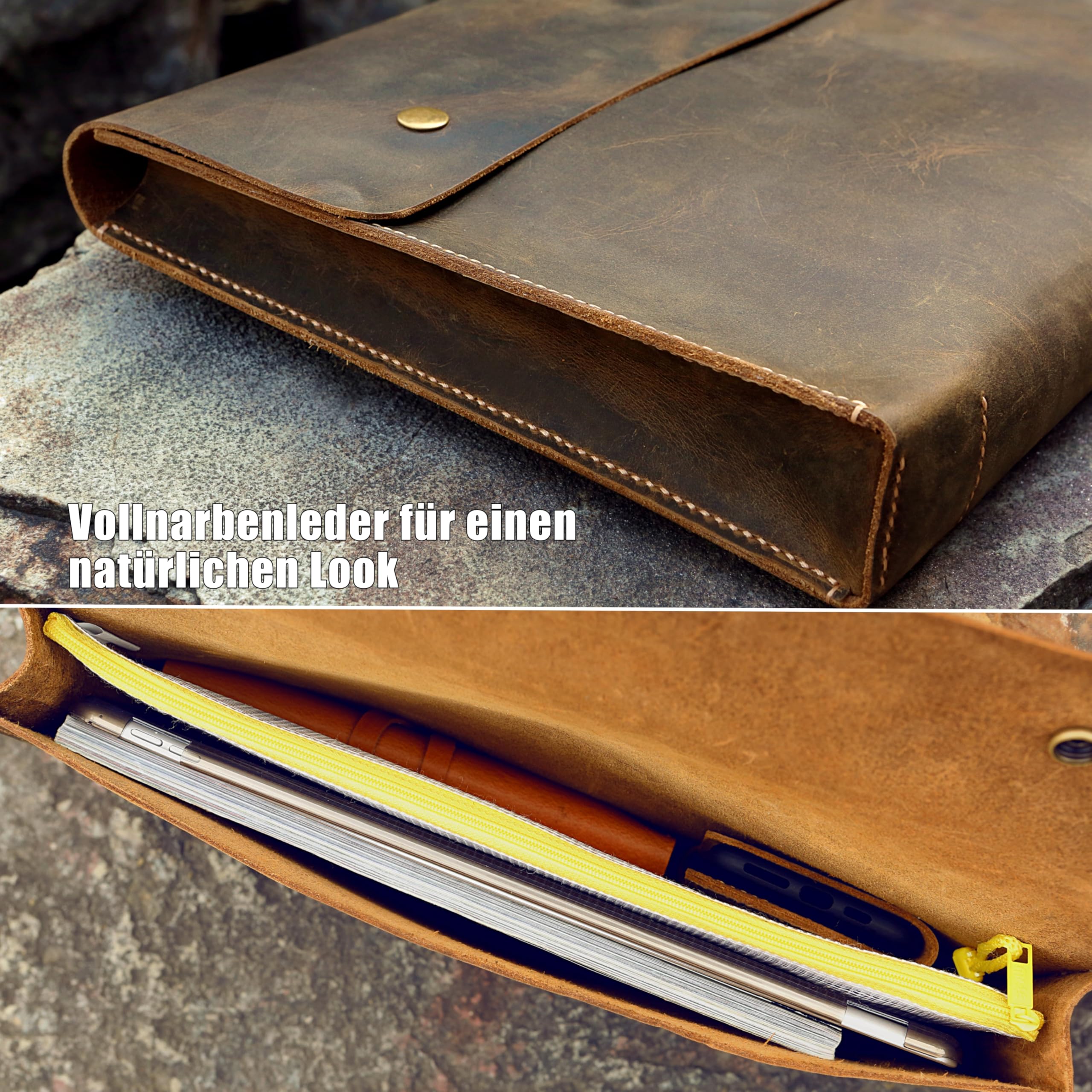 D&M leather studio Personalisierte Vintage Leder Dokumentenmappe A4/Letter – handgenähte Dokumententasche A4 & Portfolio Mappe, Laptop Hülle bis 13 Zoll, Büro Organizer