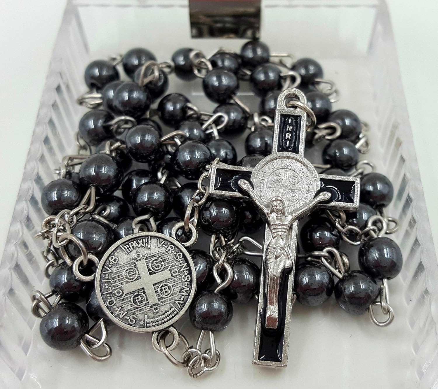TALISMAN4U CATHOLIC ROSARY NECKLACE Black Hematite Beads Saint Benedict Medal & Cross Crucifix in Gift Box
