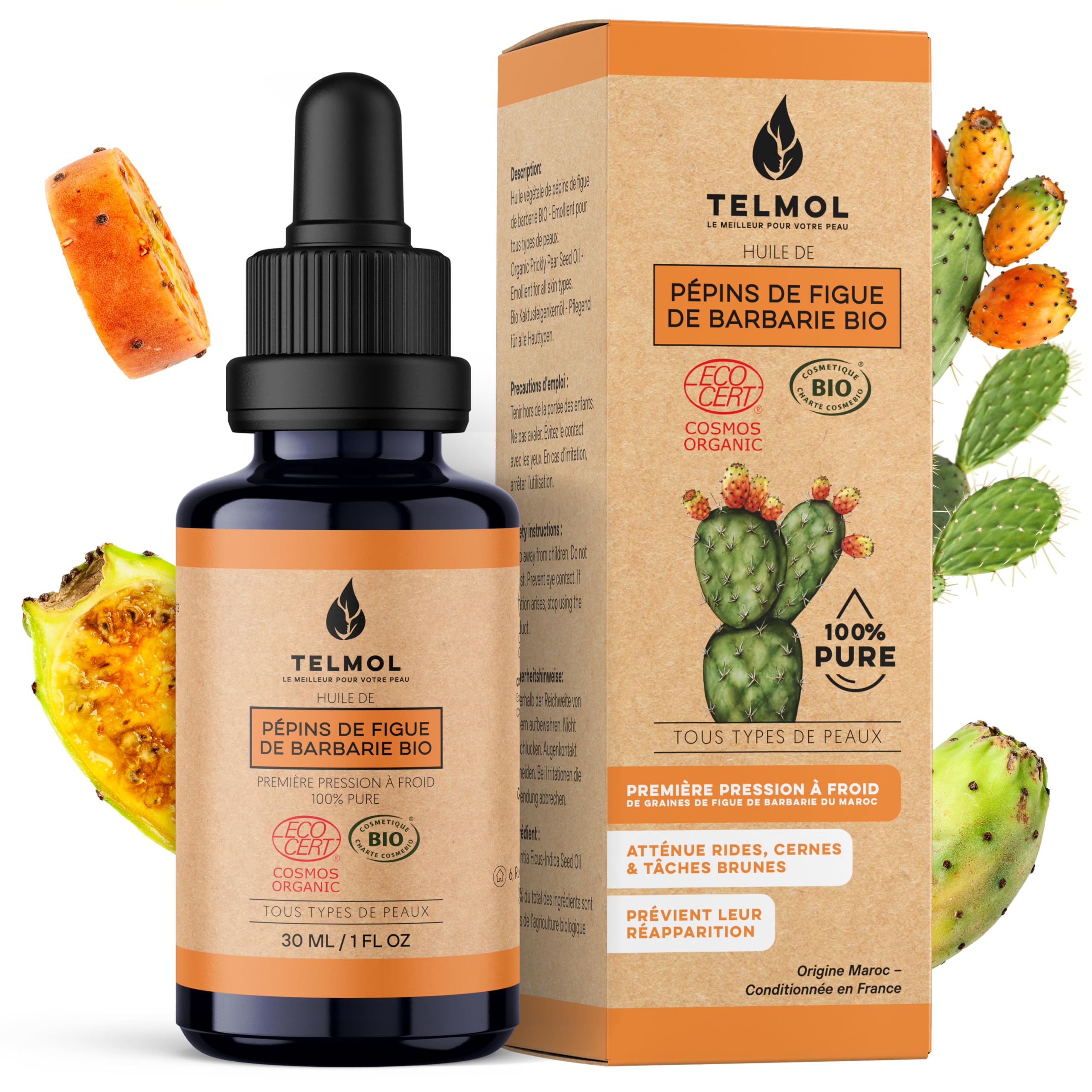Huile de Pépins de Figue de Barbarie Bio (30ml) — Flacon en verre violet biophotonique & Pipette — 100% Pure, Première Pression à Froid — Huile de Figue de Barbarie Bio Visage Anti-Âge