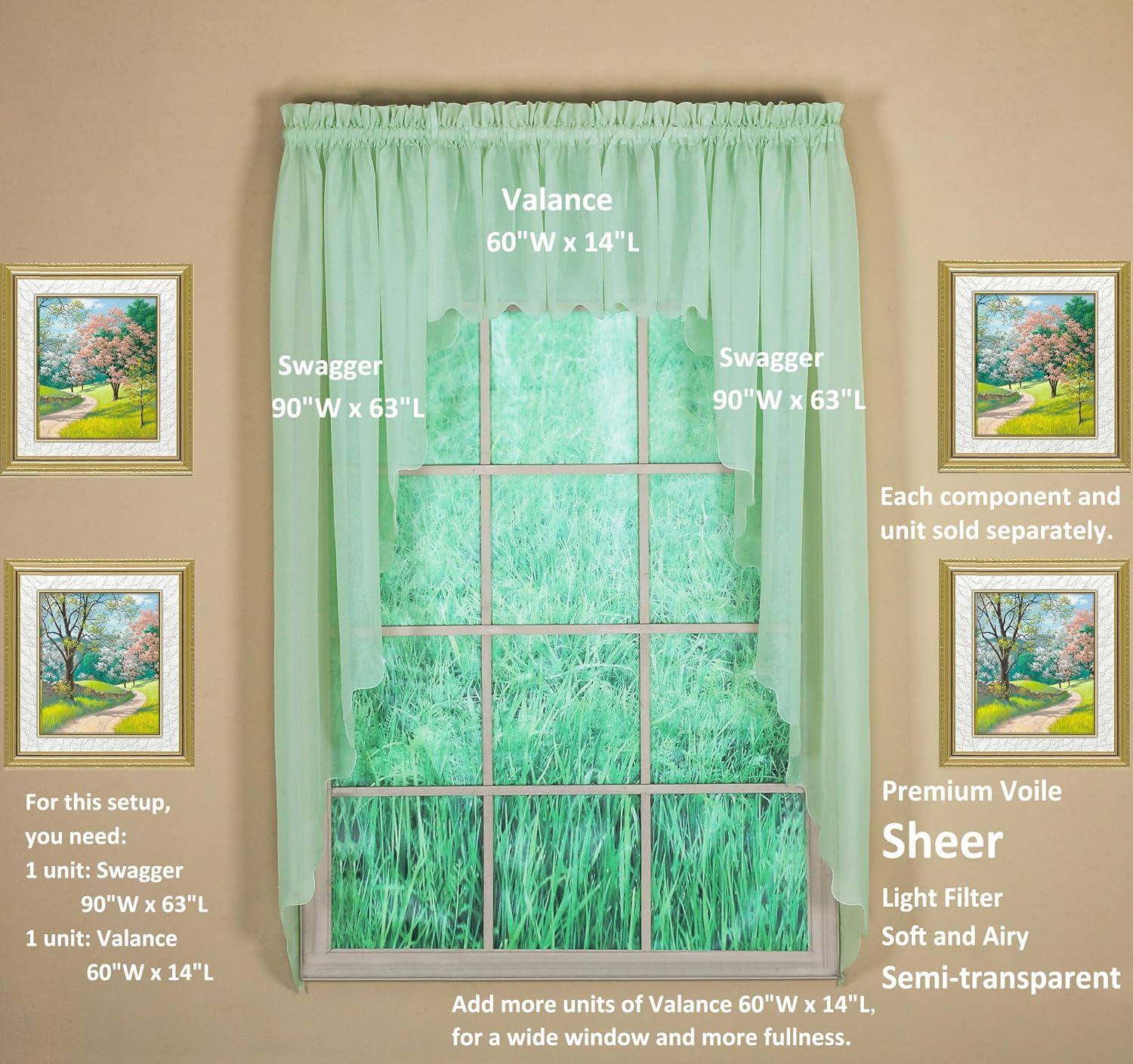 Today's Curtain Emelia Original Voile Swag Pair 38", Sage, 60" W x 38" L