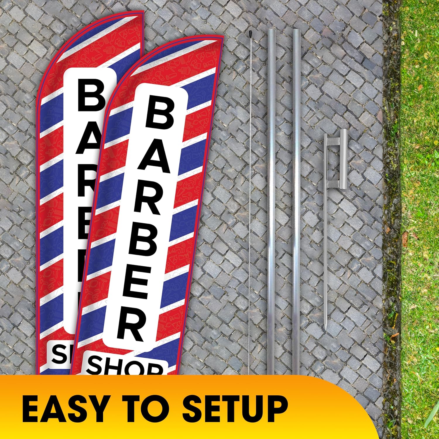 OnPoint Wares Barber Shop King Flags – Pack of 2 | 3 ft x 11.5 ft Outdoor Advertising Flags for Barber Shop Business | Heavy Duty Weatherproof Polyester Sign with (Complete Hybrid Pole Set)