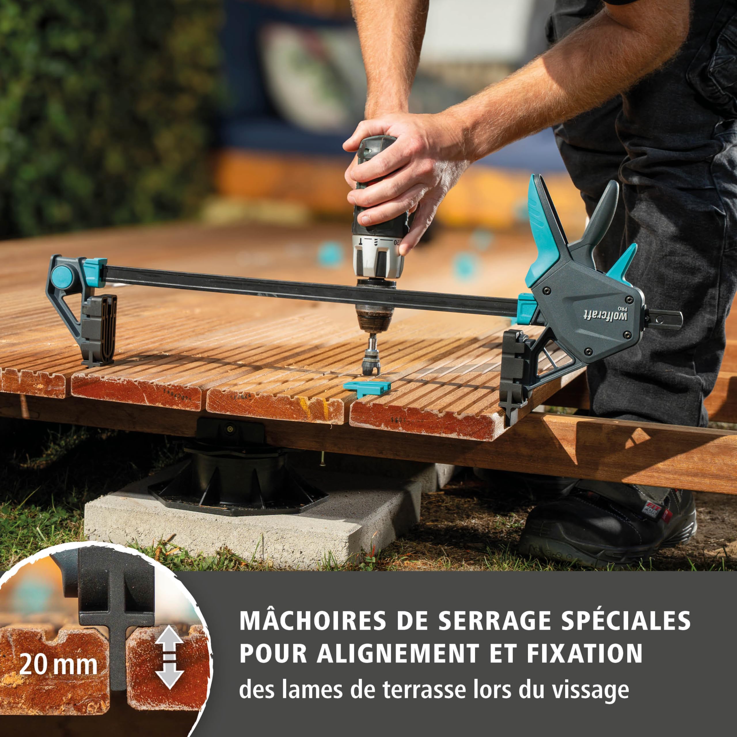wolfcraft 2 serre-joints PRO - Pour l'alignement et la fixation précis des lames de terrasse avant et pendant le vissage - 8679060