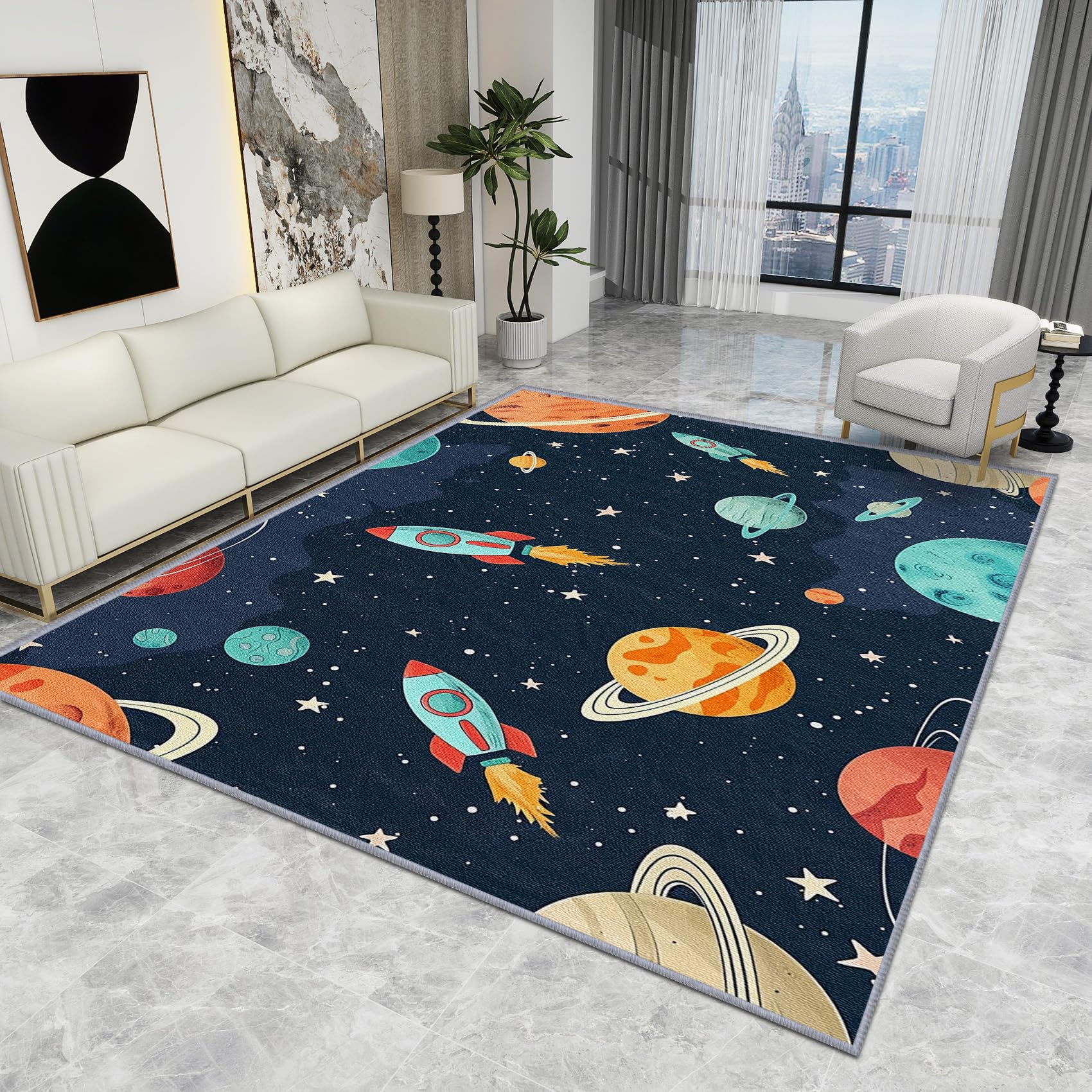 Space Rugs for Boys Bedrooms - Space Rug - Cute Cartoon Rocket Planet Rugs, Kids Nursery Playroom Carpet, Washable Rug Non Slip Low Pile Soft Small Area Rugs, Space Home Decor Gifts, 60 X 90 cm