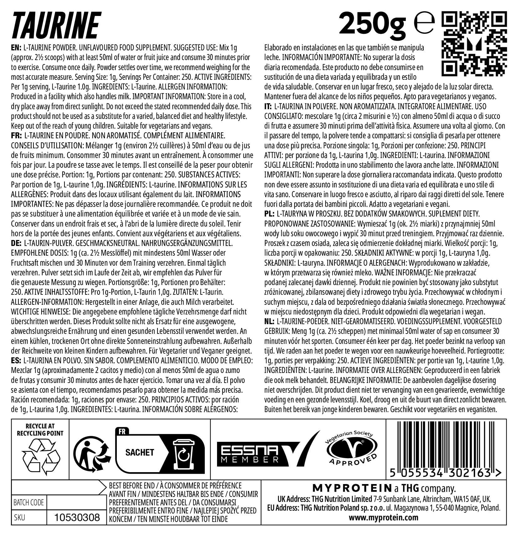 My Protein - 100% taurine amino acid 250g my protein