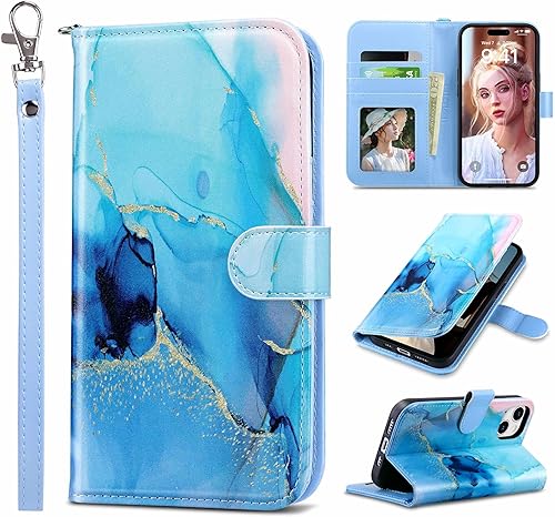 Miniatura 9 de ULAK Funda de piel sintética de alta calidad compatible con iPhone 15 con tarjetero y función atril para iPhone 15 2023 de 6.1 pulgadas, mármol