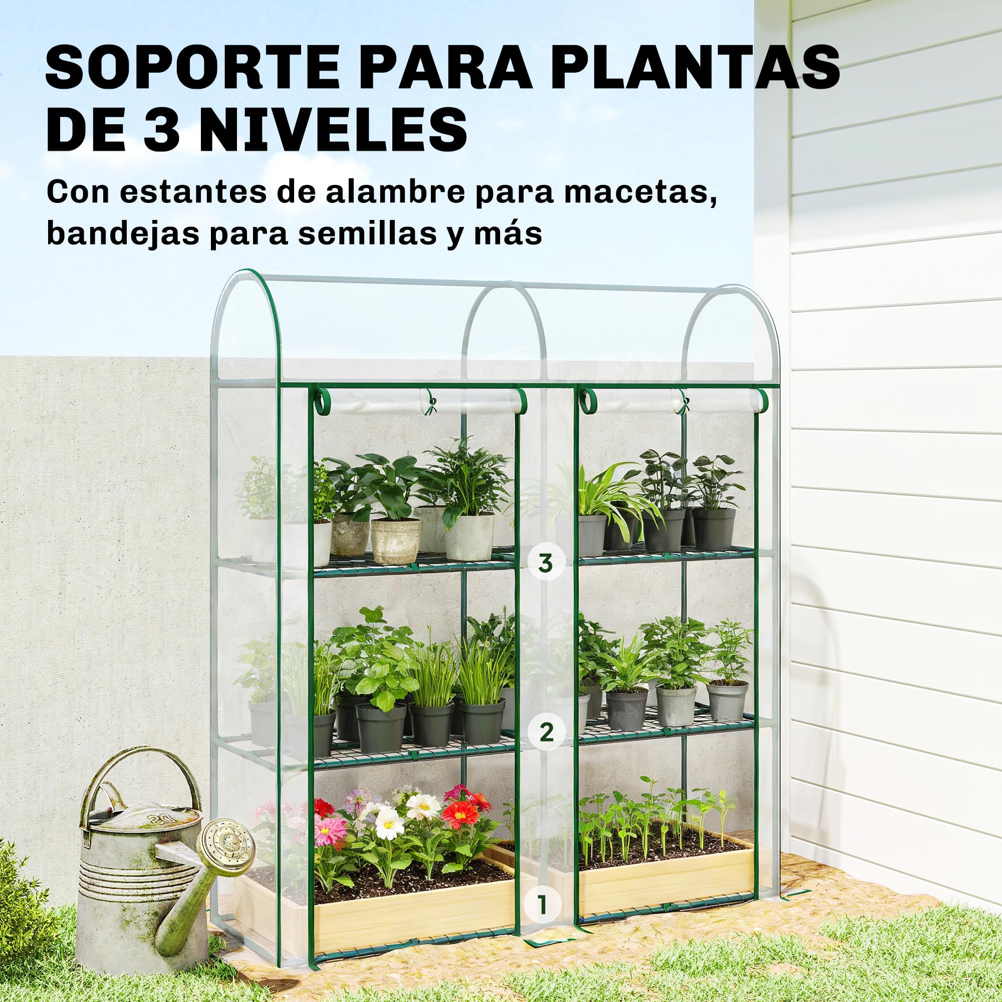 Outsunny Invernadero Pequeño de 3 Niveles, Invernadero de Exterior con 2 Puertas Enrollables, Marco de Acero y Cubierta de Plástico Anti-UV para Cultivar Plantas, Flores, 143x46x164 cm, Transparente