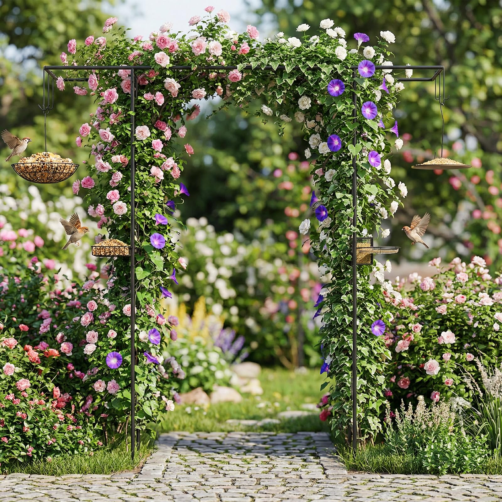 RELAX4LIFE Rosenbogen Metall, Gartenbogen mit Vogelfutterstation, Rosengitter für Kletterpflanzen & Wilder Vögel, Torbogen mit Wasserschale, Netzkorb, Haken, Garten Spalier, 212 x 40 x 213 cm, Schwarz