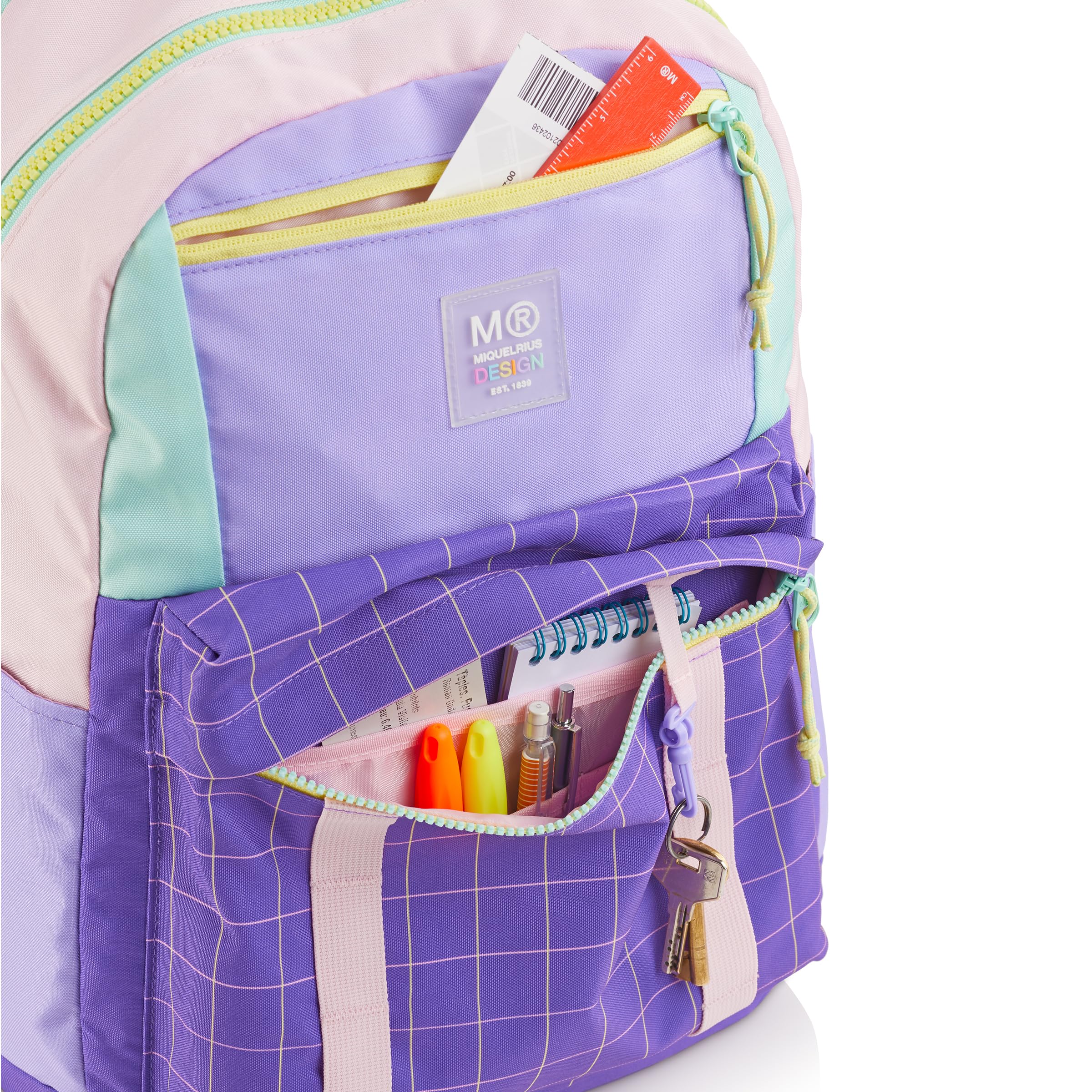 Miquelrius - Mochila escolar, Triple compartimento, Doble cremallera, Fabricada con botellas recicladas, Capacidad 28 litros, Espalda acolchada, Llavero interior, Repelente al agua, Rider Violeta
