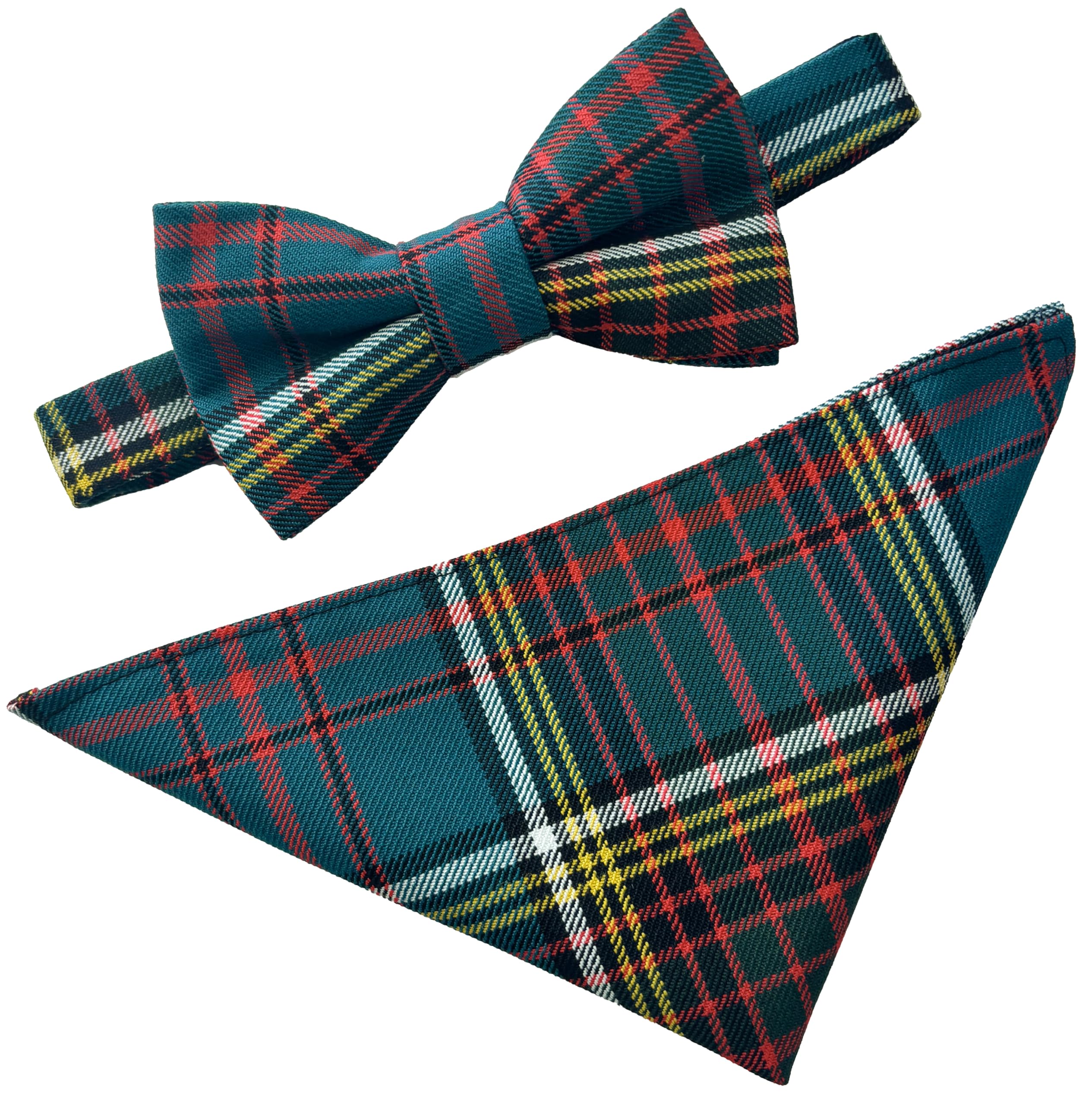 Great British Tie Club Teal, Red, Green, Black, Yellow, White Anderson Tartan Scottish Plaid Bow Tie & Hanky Set