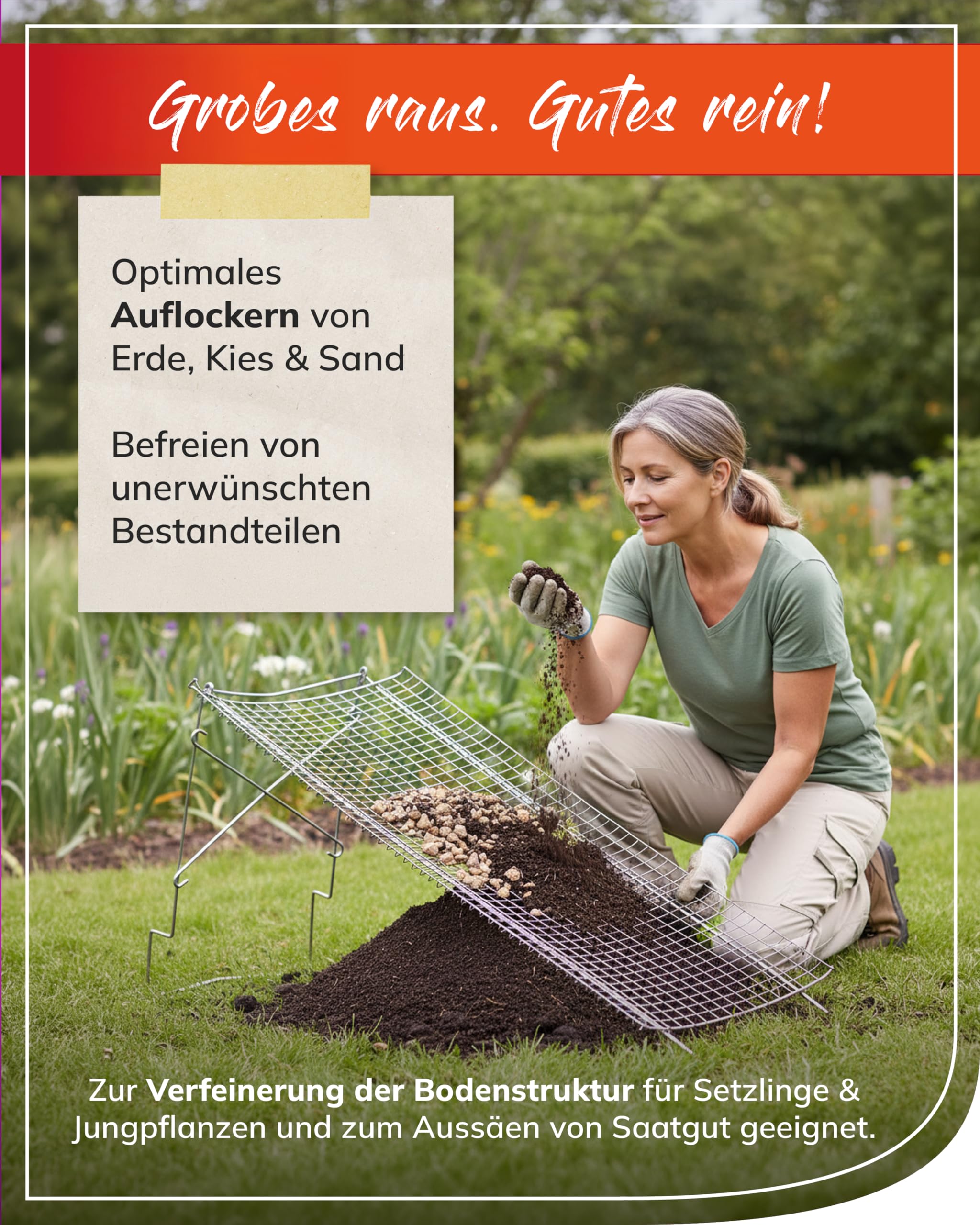 bellissa - Durchwurfsieb aus Stahl (Größe 100x60cm) – Garten & Kompostsieb für Erde, Sand, Boden, Kies & Schotter aus stabilem Metall – filtert Unkraut und Steine heraus – Ständer verstellba