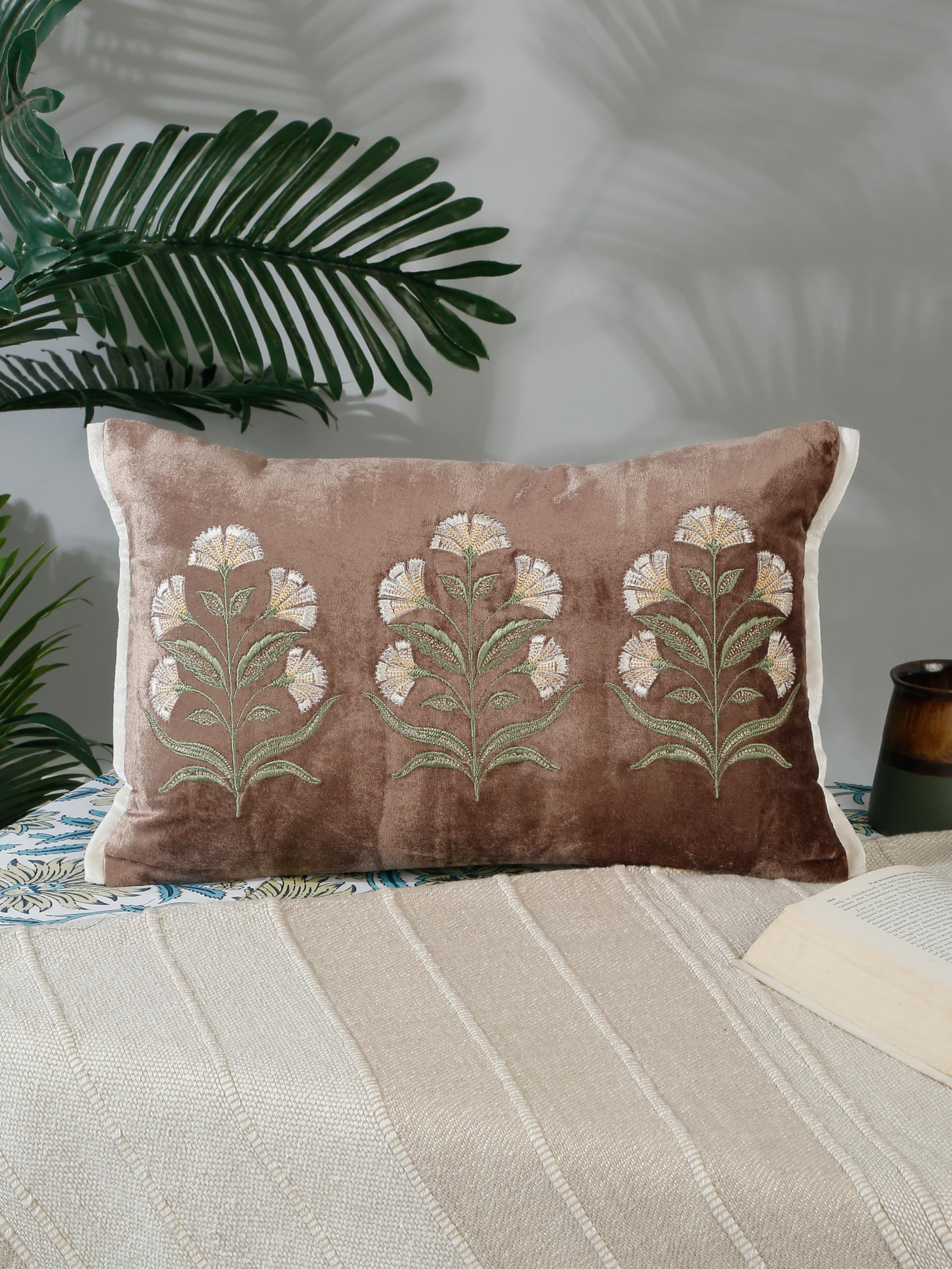 Brown & Green Floral Embroidered Velvet Cushion Cover | Decorative Rectangle Pillow Cover | Soft Premium Velvet | Elegant Floral Design (12x18 Inch)-image-3