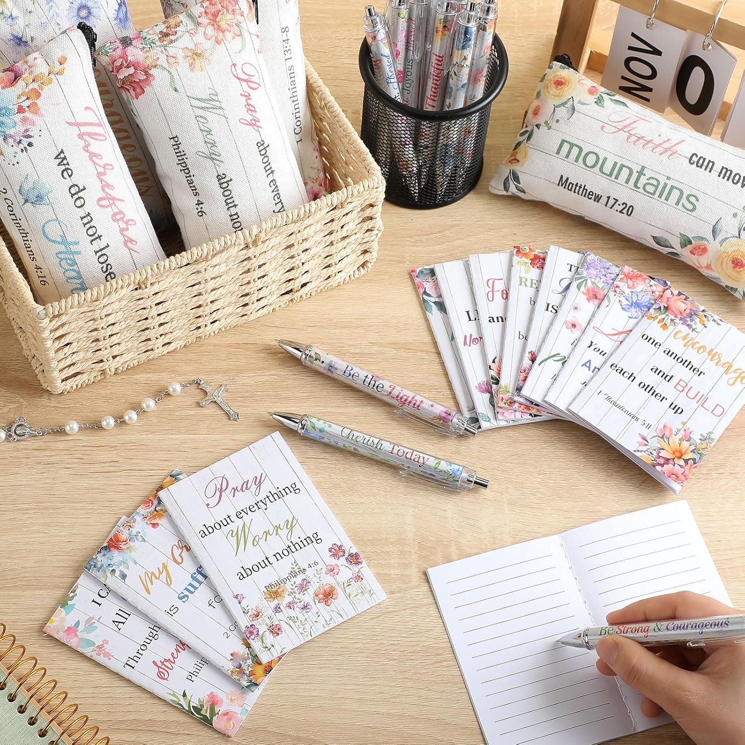 Cholemy 36 Pcs Christian Bulk Gift for Women Include 12 Religious Pens 12 Bible Verse Notebooks 12 Bible Case Bags Makeup Bags Religious Gift for Women Inspirational Study Supply for Men Office Church