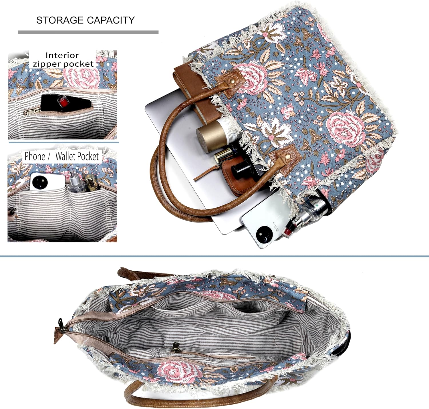 CREATIVE LEATHER ART Boho Floral Canvas Tote Bag with Zipper – Large Capacity Handbag with Phone & Wallet Pockets, Fits 13" Laptop – Vintage Shoulder Bag for Women