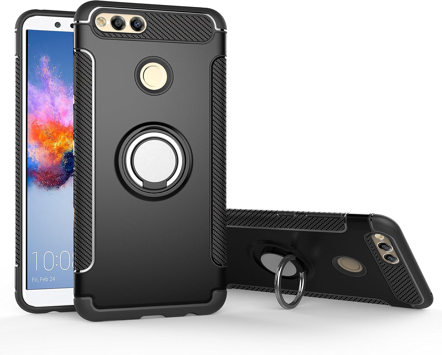 Orzero TPU + PC Hybrid Dual Layer Case for Huawei Honor 7X, Huawei Mate SE Full Body Heavy Duty Protection 360 Rotating Metal Ring (Adsorbed Iron Plate) (Huawei Honor 7X Not Included)-Black