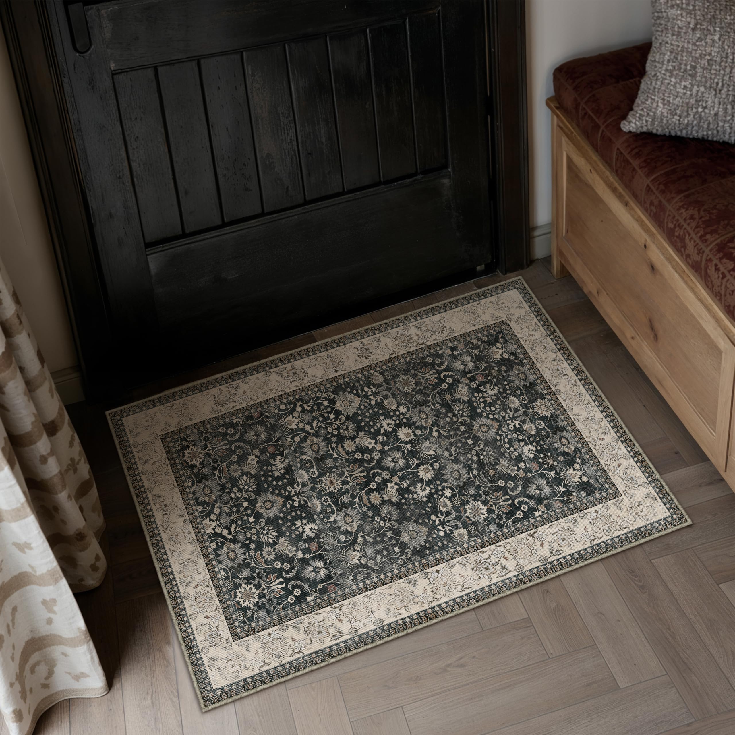 hugear 2x6 runner rug machine washable black beige hallway area rugs indoor accent rugs floral low pile carpet distressed throw rugs bedroom living room office dining kitchen laundry non slip