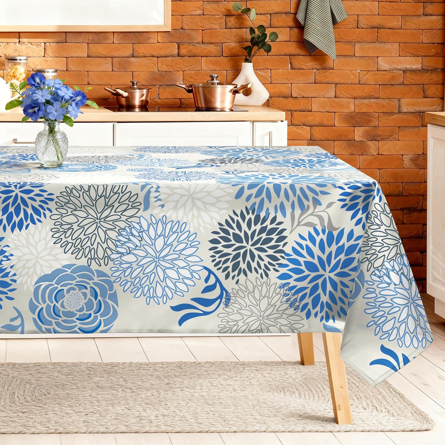 Blau Grau Blume Tischdecke Rechteckig Abwaschbar Tischdecken Polyester Wasserabweisend Fr hling Sommer Tischw sche Dekoration f r K che Garten Party 152 213 cm