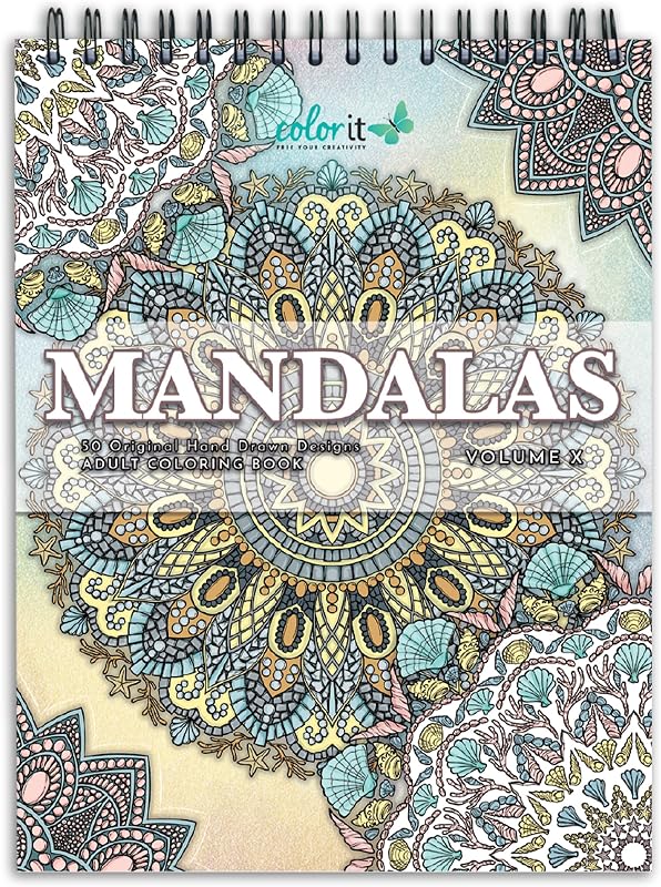 ColorIt Mandalas to Color Vol X Libro para colorear para adultos | 50 patrones de mandalas para aliviar el estrés | Encuadernación en espiral | Papel grueso | Páginas perforadas | Cubierta de tapa dura | Secador de tinta incluido