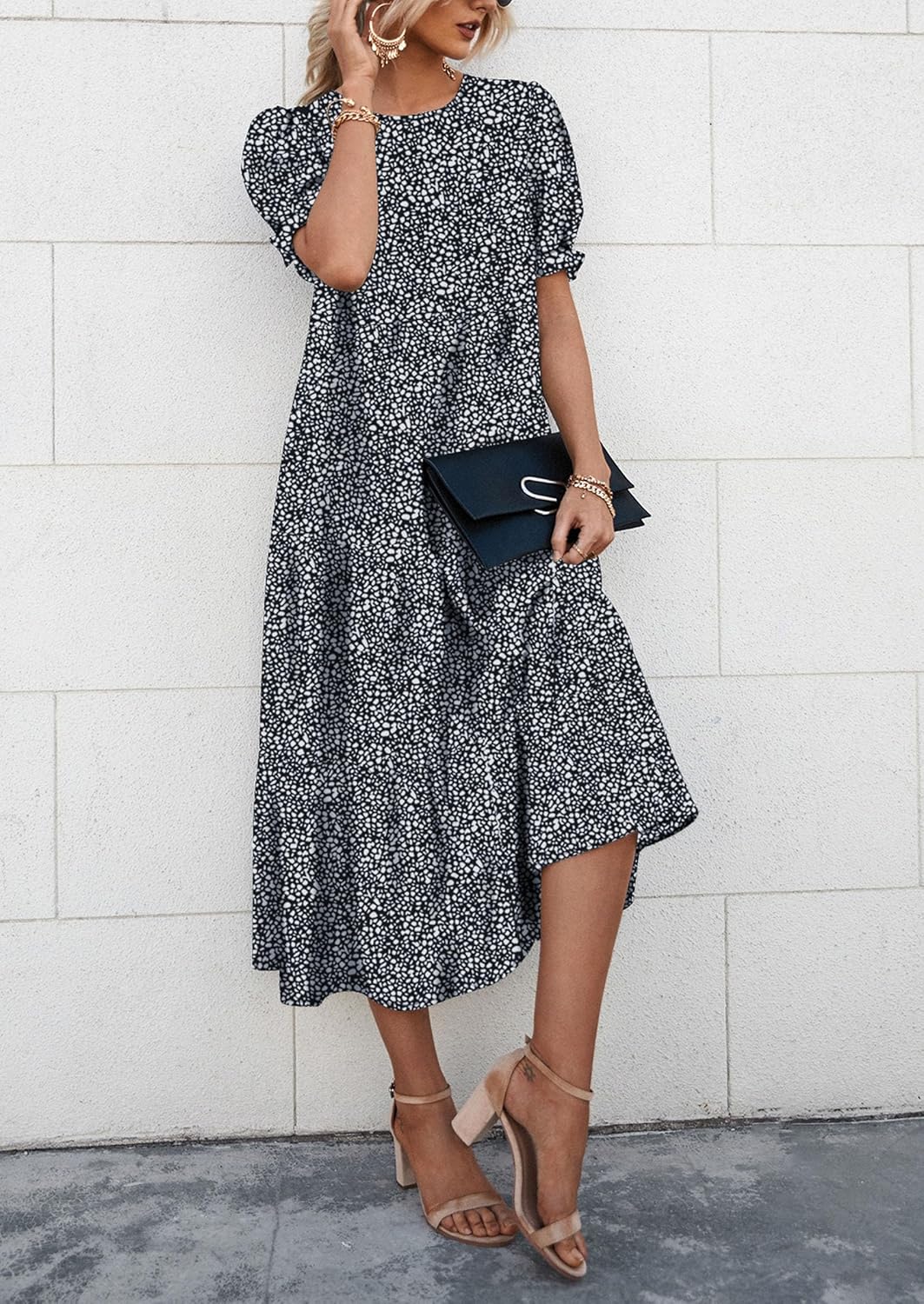 PRETTYGARDEN Summer Dresses for Women 2026 Casual Floral Boho Midi Sun Dress Puff Short Sleeve Flowy Beach Vacation Sundress - Image 3