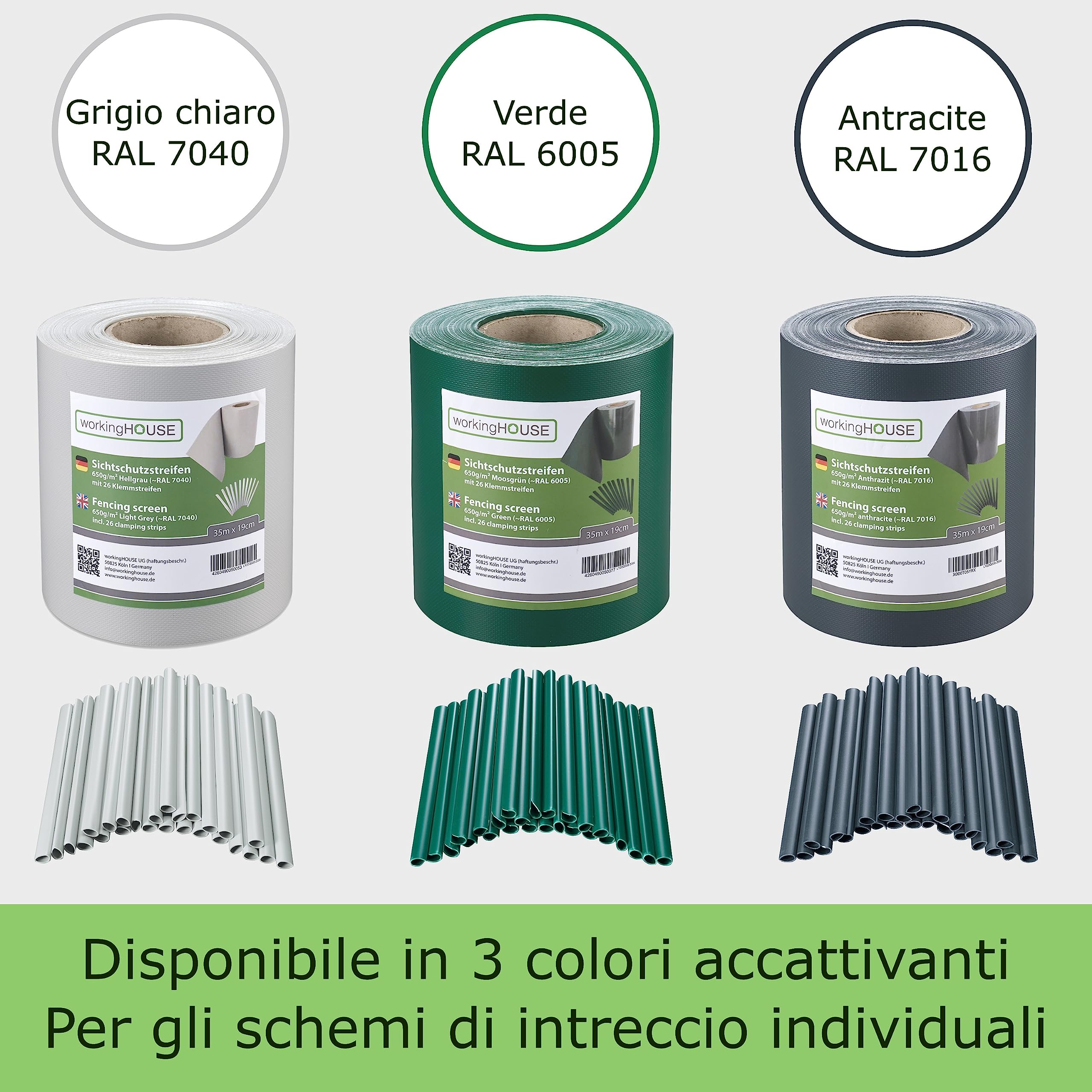 Workinghouse Telo Frangivista in PVC per Rete a Doppia Sbarra - 650g/m² 35m x 19cm - Schermo per la privacy della recinzione, Foglio di recinzione, Recinzione da giardino