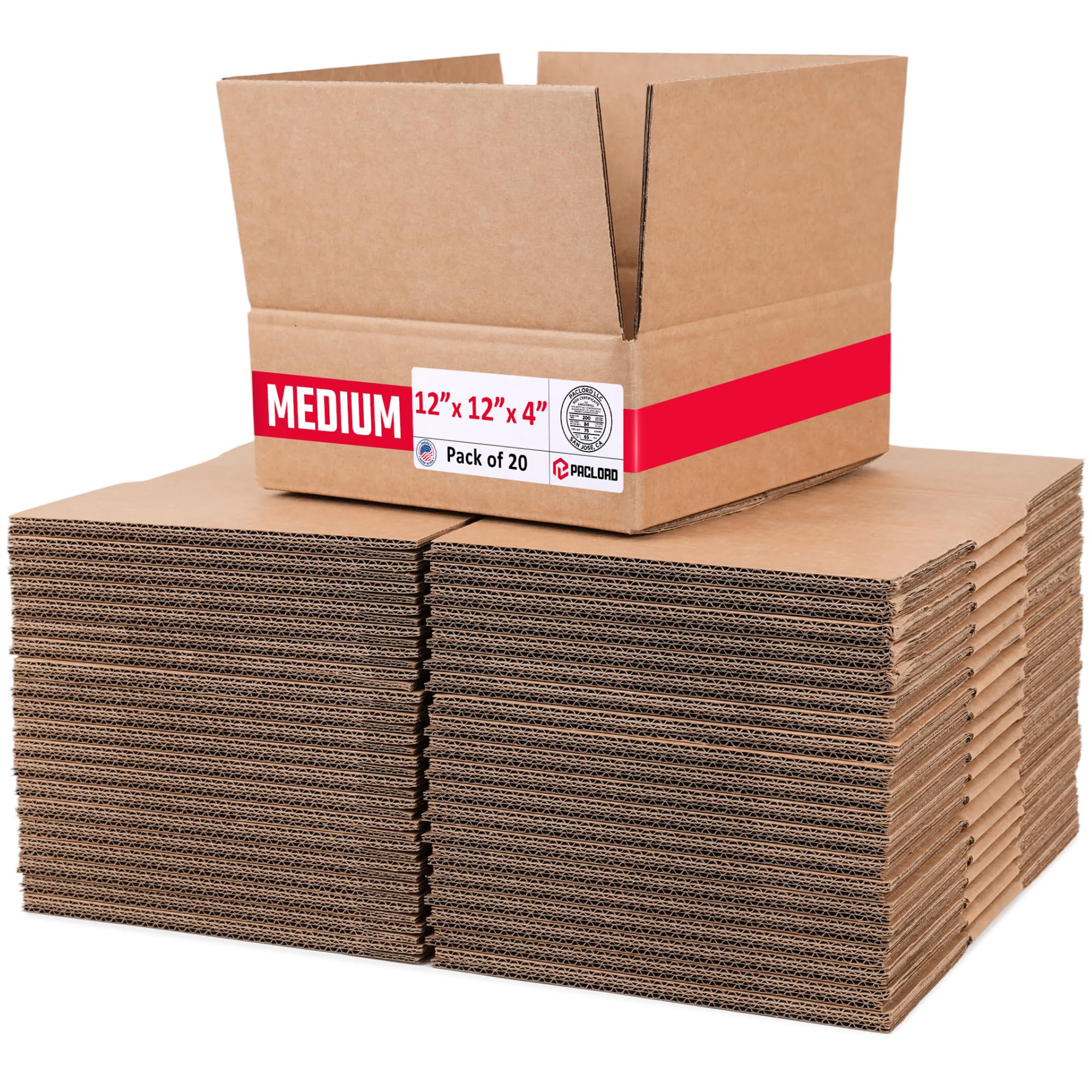 Medium Cardboard Boxes 12"L x 12"W x 4"H (Pack of 20) - USA-Made Packing Boxes for Moving, Shipping, or Storage - USPS, UPS, FedEx Approved - Professional Packing Supplies for Moving | USA-Made Packing Boxes for Moving, Shipping, or Storage - USPS, UPS, FedEx Approved - Professional Packing Supplies