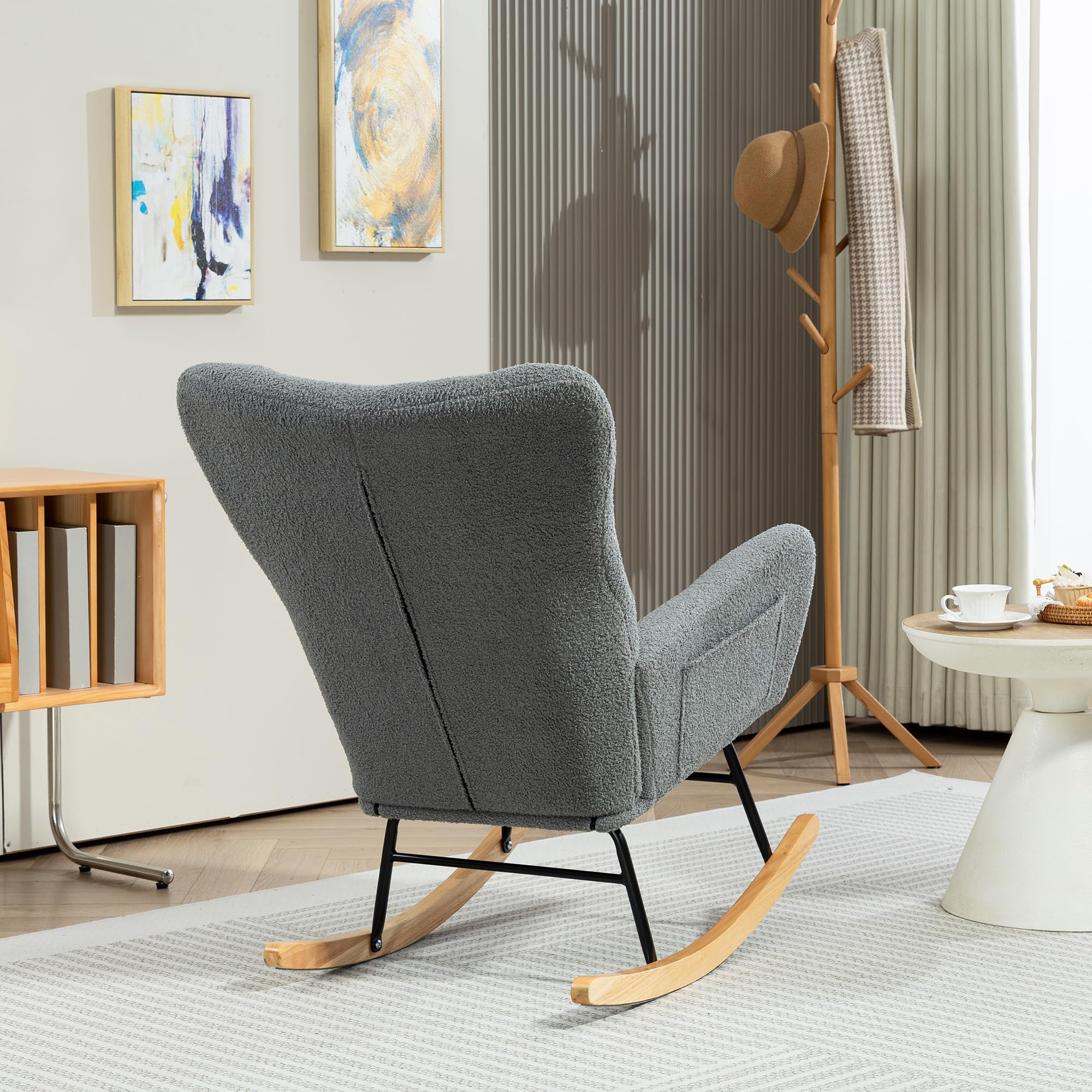 HOMCOM Silla Mecedora Moderna, Mecedora Tapizada en Terciopelo de Teddy, Sillón de Lactancia con Respaldo Acolchado Alto, Almohada, Patas de Madera, Bolsillo Lateral, para Dormitorio, Salón, Gris