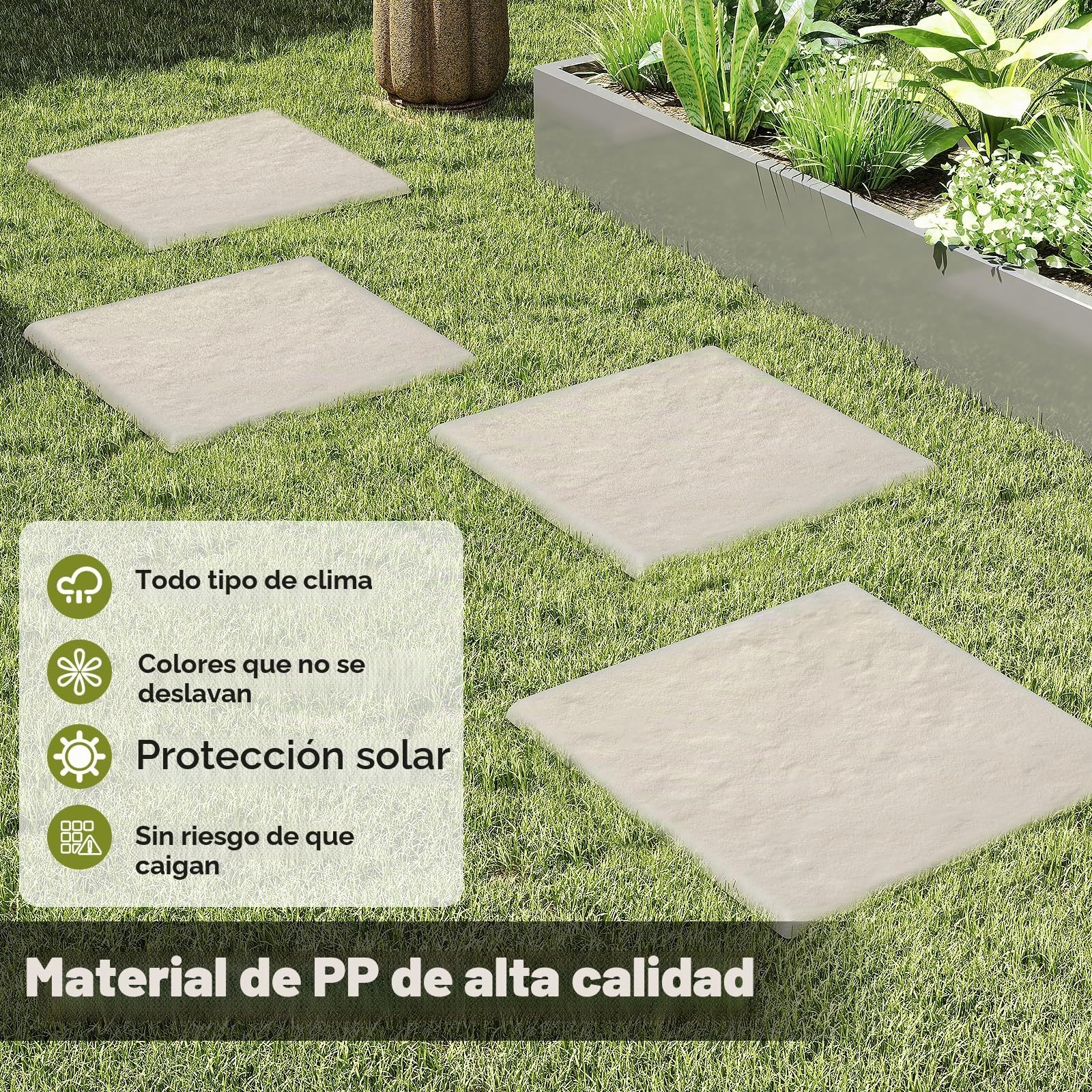 GIANTEX Camino de Pierdas con 8 Piezas, Escalones Cuadradas 39,5 x 39,5 cm, Baldosas de Jardín de PP Resistente, Superficie Antideslizante, Estacas para Tierra Incluidas (Beige)