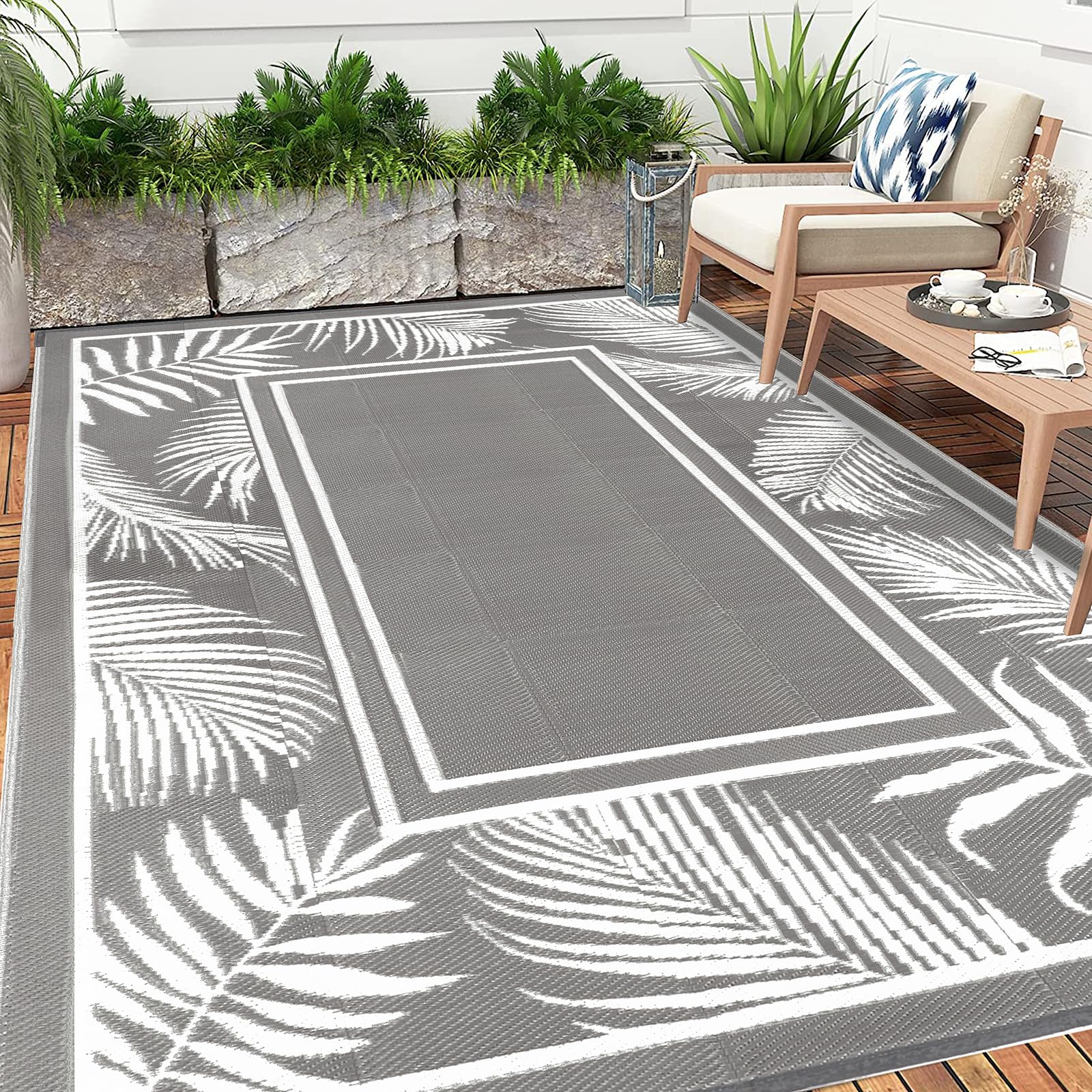 Bsmathom Outdoor Rugs 6x9 for Patios Clearance, Reversible Portable Outdoor Plastic Straw Camping Rug, Large Indoor/Outdoor Patio Rugs for Camping, RV, Picnic, Beach, Backyard, Pool Deck,Grey