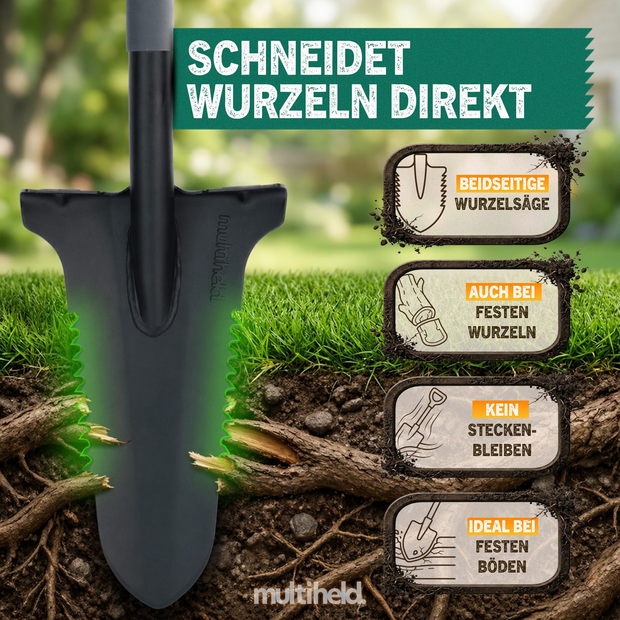 Spaten Garten Wurzelspaten mit Wurzelsäge 120 cm – Gartenspaten für Harte Böden, 1050Mn Stahl, ergonomischer Softtouch-Griff, extra breite Trittkante, Robustes Gartenwerkzeug (grau)