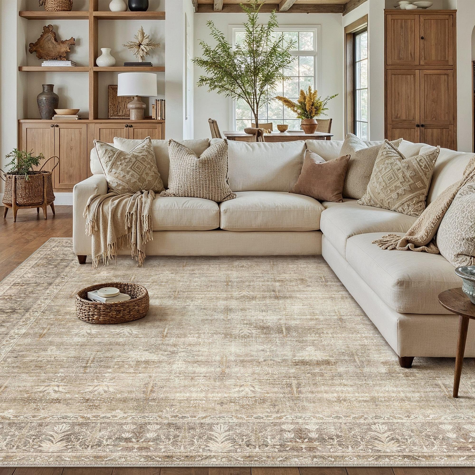 hugear retro 6x9 washable area rugs beige living room bedroom rug vintage distressed throw carpet neutral stain resistant non slip & shedding low pile for home aesthetic decor