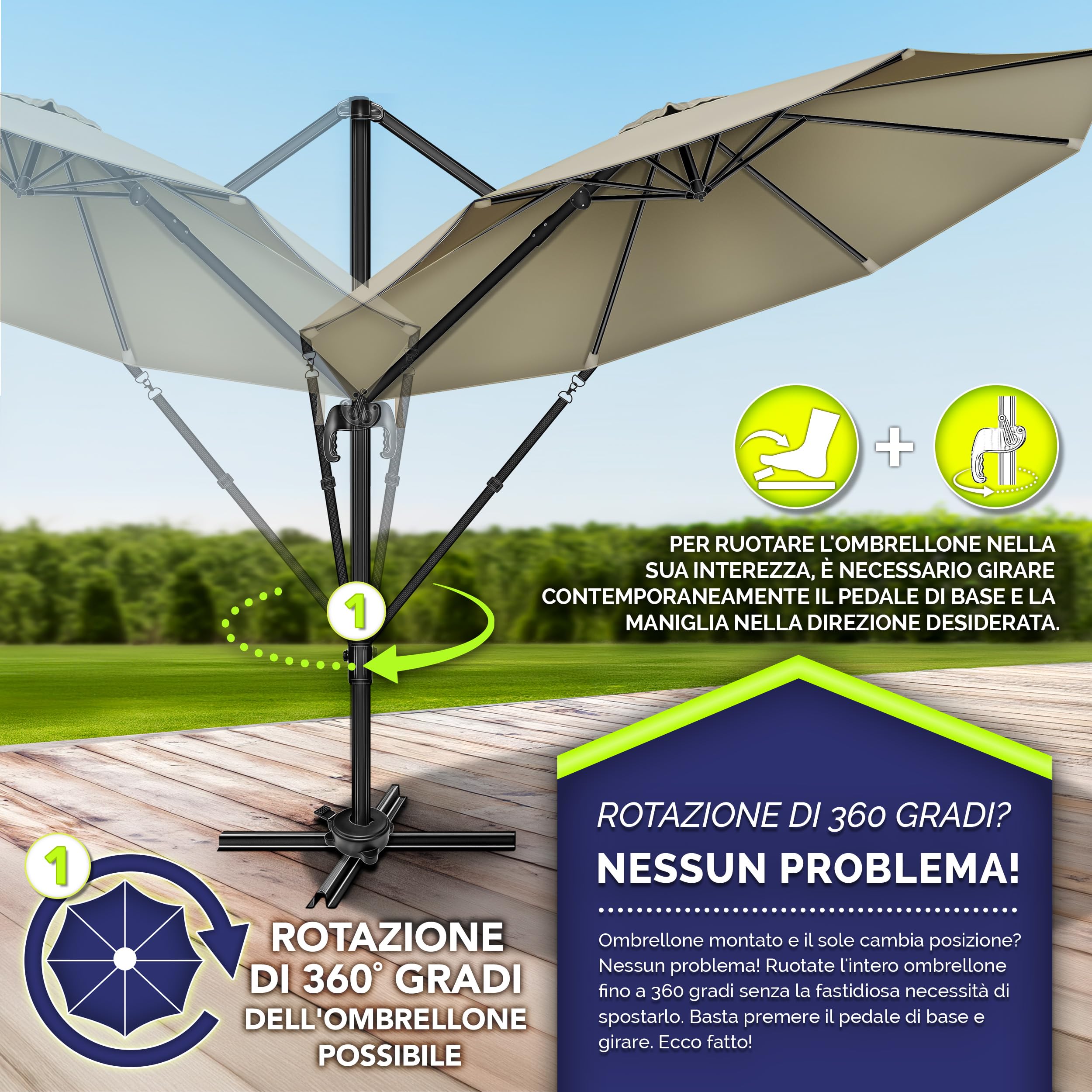 tillvex® Premium ombrellone da giardino 330 cm + copertura e protezione dal vento | Ombrellone a sbalzo regolabile a 7 pieghe con manovella | Ombrellone in alluminio girevole a 360° inclinabile