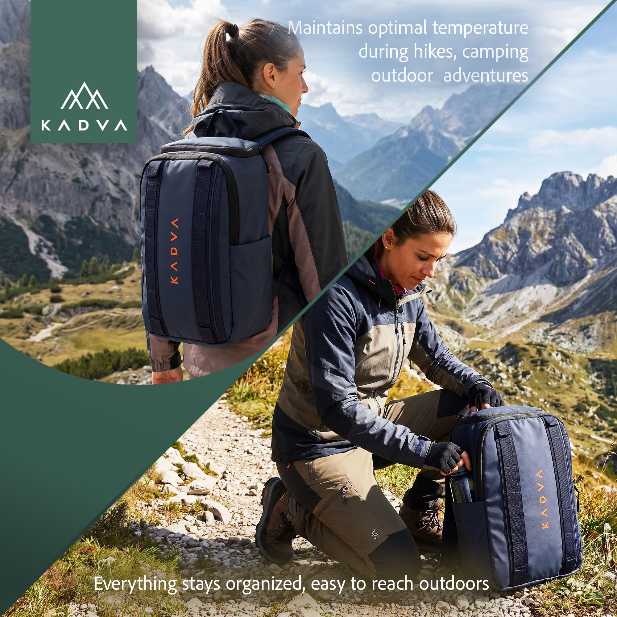 KADVA Antarctica Kühlrucksack für Picknick und Ausflüge (12 Liter) | Isoliertes Hauptfach mit Polyethylen, hydrophobes Polyester, 12 l oder 24 l in Marineblau