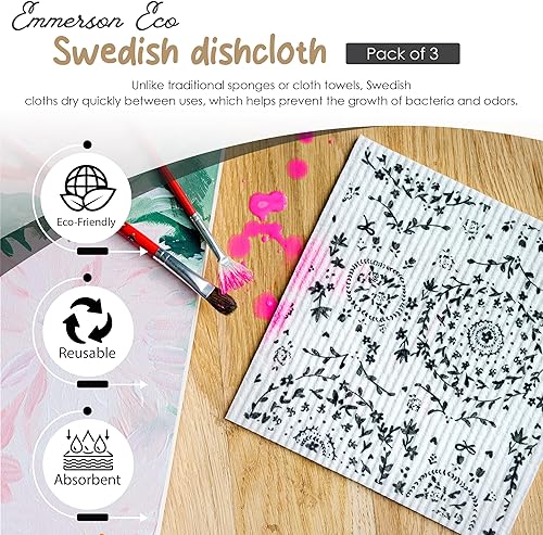Miniatura 2 de Paquete de 3 paños de limpieza suecos para cocina, reutilizables, altamente absorbentes, de secado rápido, biodegradables, compostables, no rayan,
