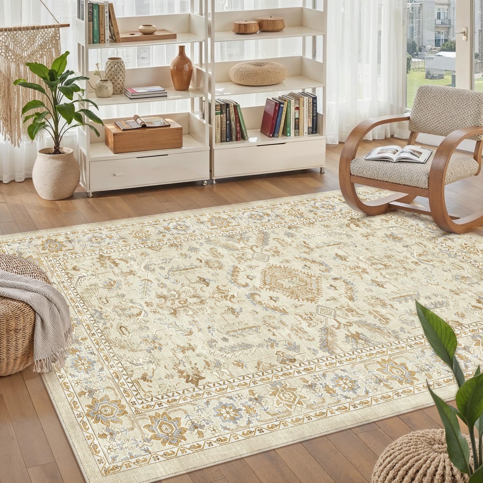 PureCozy Beige Rugs Living Room 120x170cm Vintage Washable Non Slip Soft Boho Area Rug Kitchen Bedroom Dining Room Home Office Indoor Decor Low Pile Carpet — image 1