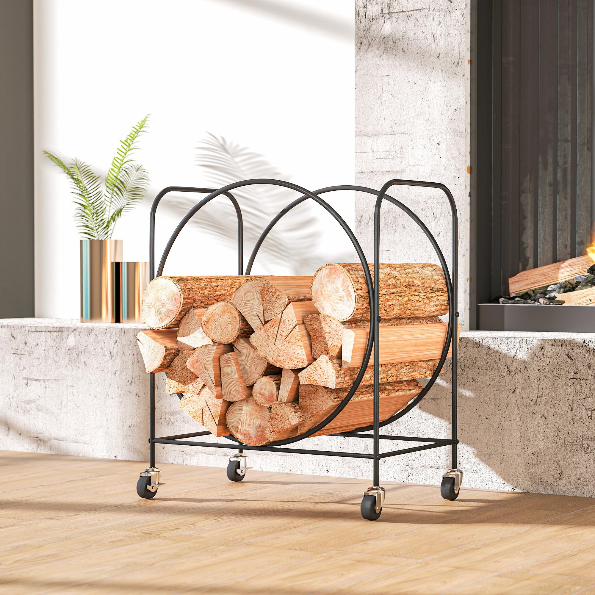 Outsunny Estante de Leña de Metal con Ruedas, Leñero Exterior e Interior, Soporte para Leña de Chimenea, Almacenamiento para Madera, 51x30x60 cm, Negro