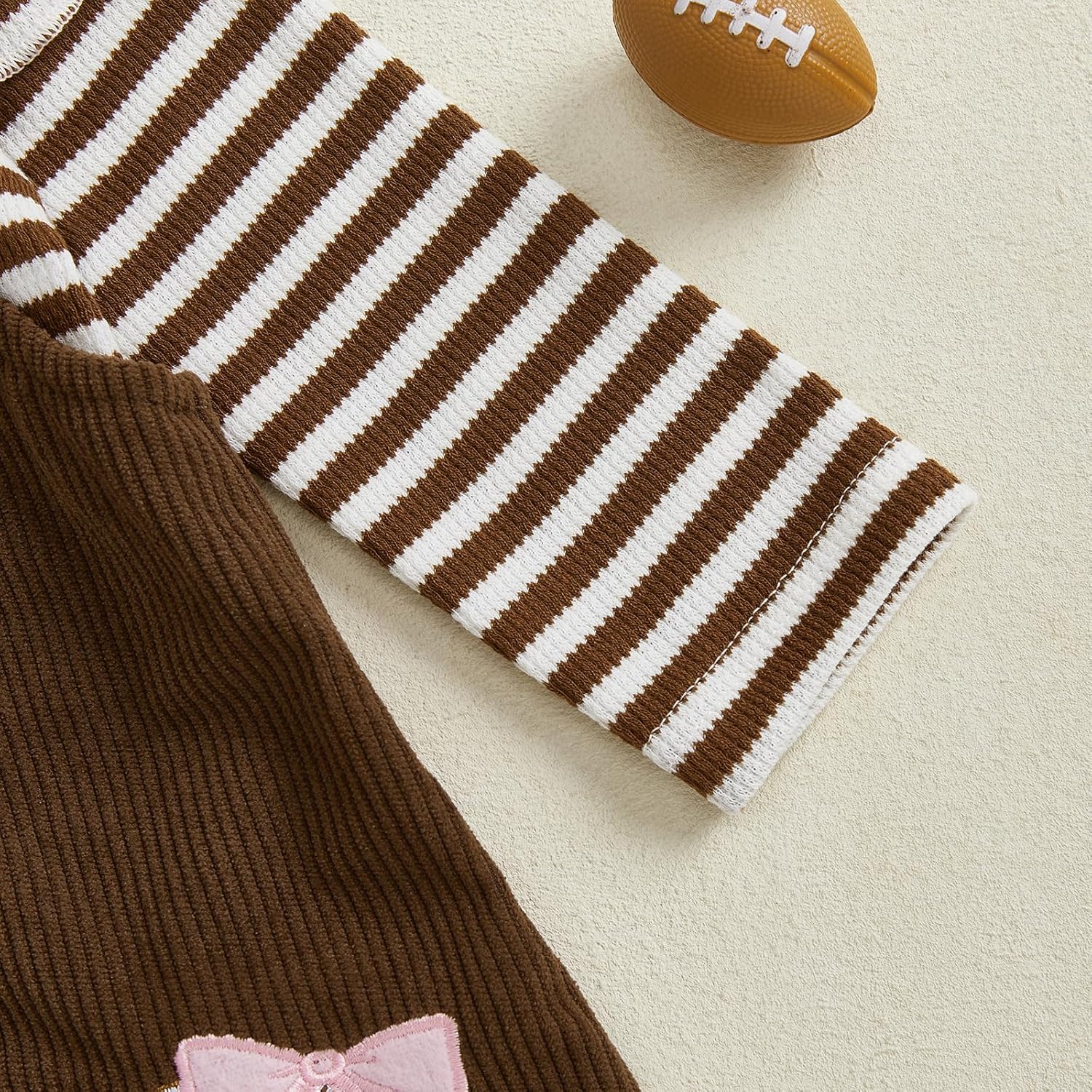 Newborn Infant Baby Girl Game Day Football Outfit Long Sleeve Striped Onesie with Corduroy Suspender Skirt Set - Image 5