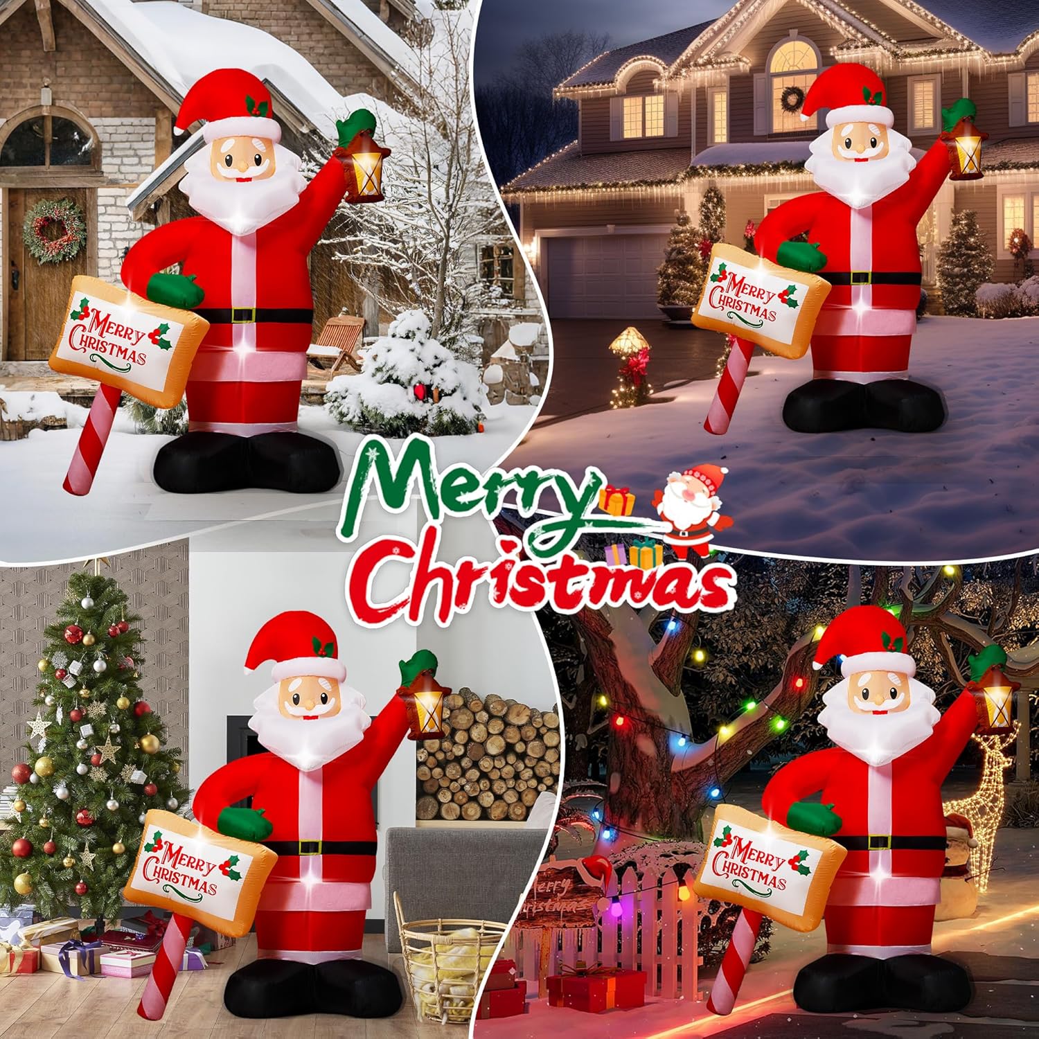 7FT Christmas Inflatables Santa Claus Outdoor Decorations, Blow up Santa Inflatables Holding Lantern & Merry Xmas Sign with Built-in LED Lights, Outdoor Holiday Yard Decor for Garden Lawn Porch - Image 2