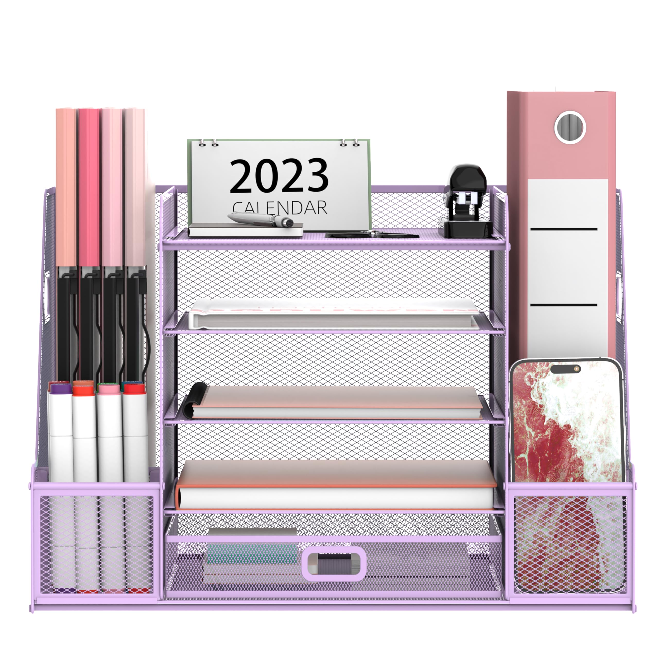 SUPEASY Grid Desk Organizer with File Holder, 5 Layers Paper Holder and Mailbox with Magazine Rack, Desk Organizer and Drawer Container, Purple