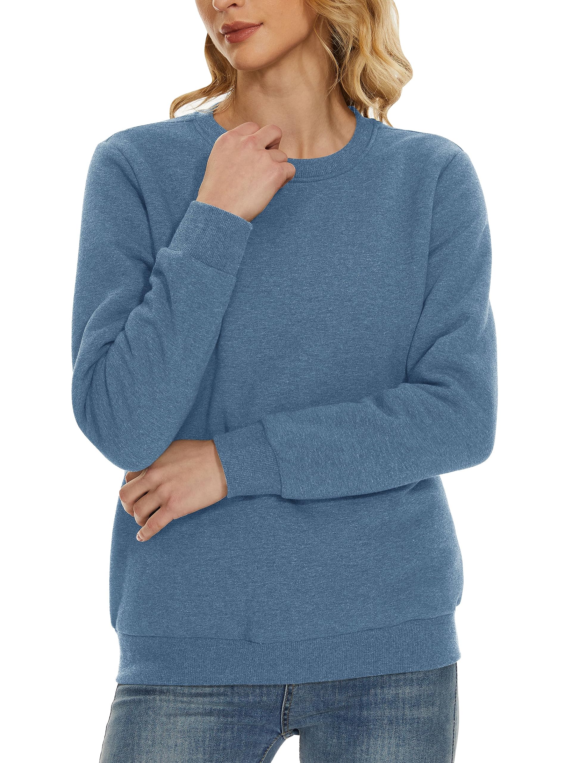 TACVASEN Pull-Over pour Femmes Sweat-Shirt en Coton À Manches Longues Col Rond sans Capuche Hiver Basique Pull-Over en Polaire Haut Chaud Décontracté