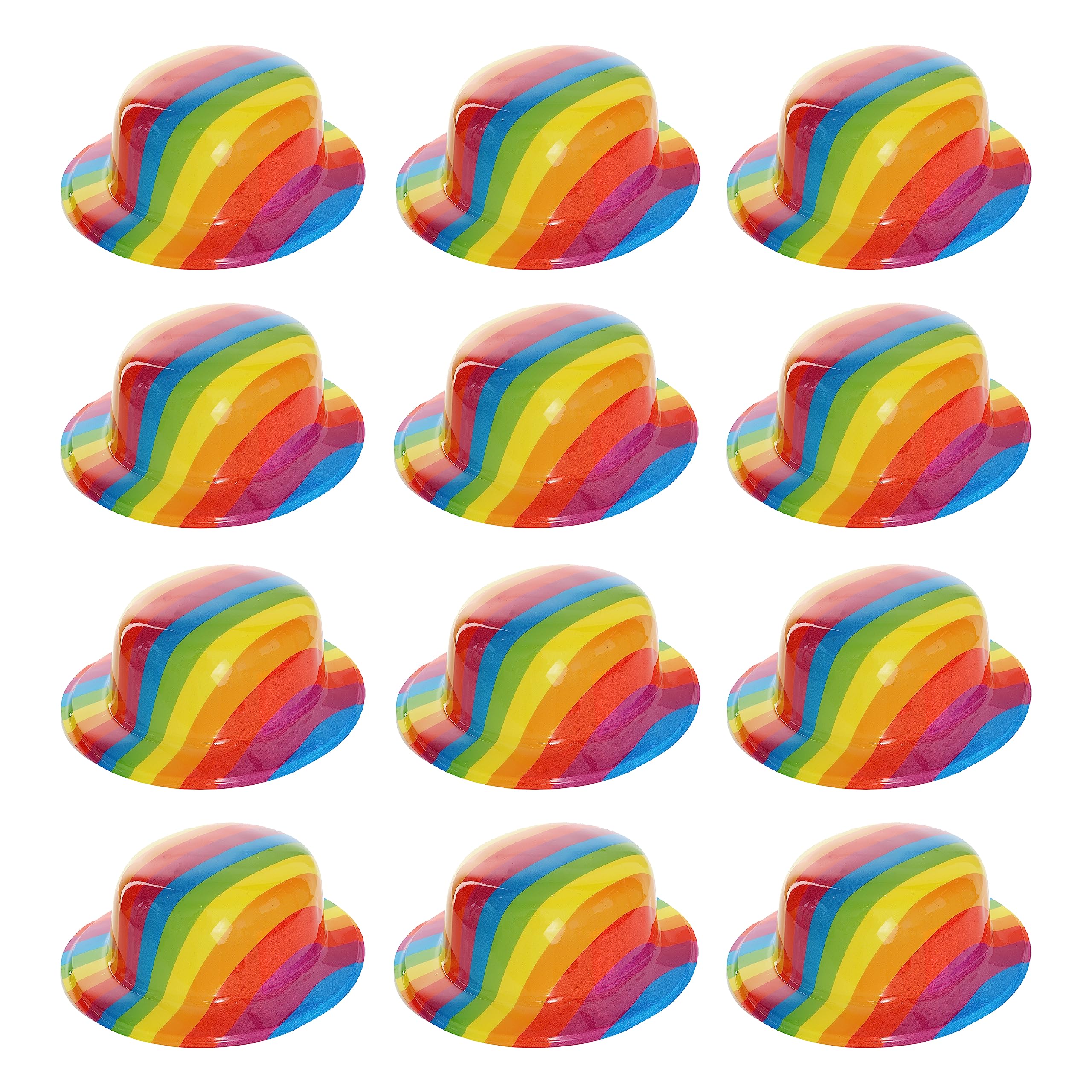 Rainbow Bowler Hats - Pack of 12 - Plastic Bowler Hats with Rainbow Print - Pride Month Pride Events Pride Marches Fancy Dress Costume Accessory