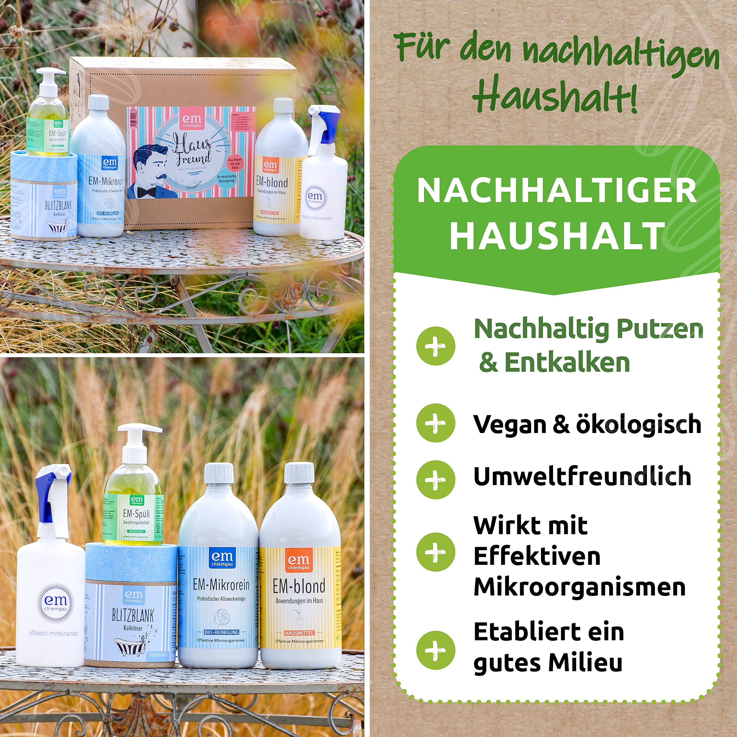 Fischer's EM-Chiemgau®Reinigungsset – Probiotische Reinigung für Haushalt – umweltfreundliches Starter-Set mit EM-Mikrorein, EM-blond, Kalklöser, EM-Spülmittel & Sprühflasche - natürlich & ökologisch