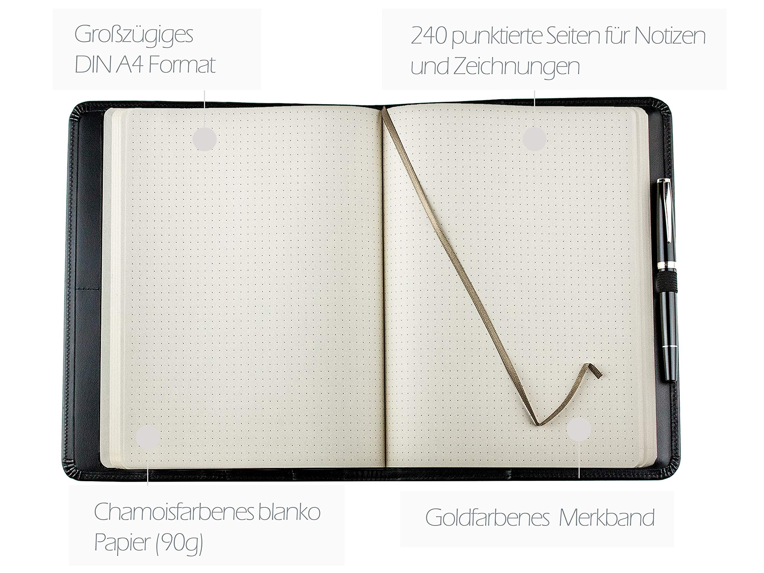 DELMON VARONE - Personalisierbares Notizbuch-Etui ideal als Planer, Organizer DIN B5 Boxcalf Premium Leder schwarz - Punktiert im Hardcover Ledereinband mit Stiftschlaufe, Einschubfächer, Merkband