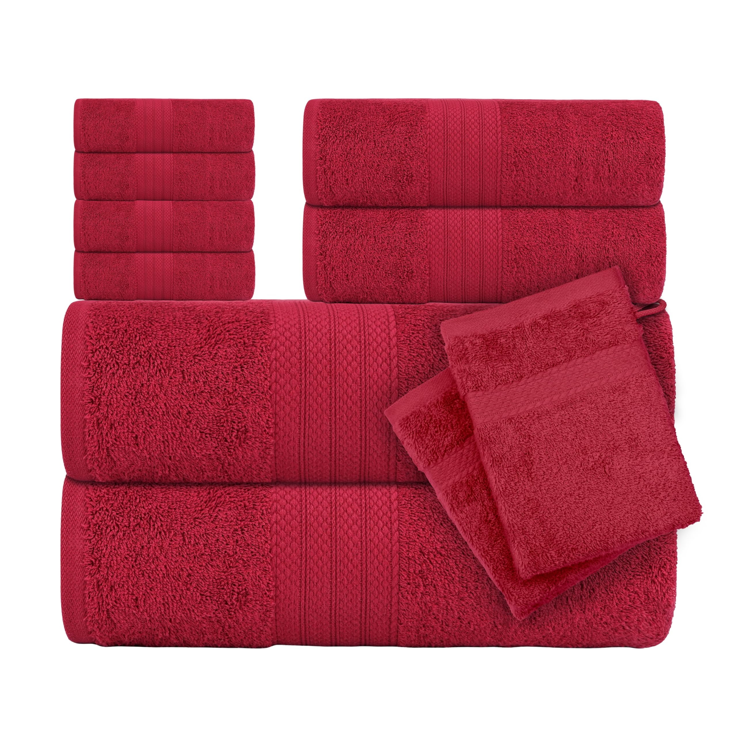 CTL® 8 Piece Towel Set 500 GSM - 2 Bath Towels, 2 Hand Towels and 4 Washcloths & 2 Wash Gloves Free 100% Cotton Hotel Quality Family Pack Towel Bale Set Highly Absorbent (Red, 8 Piece Bale Set)